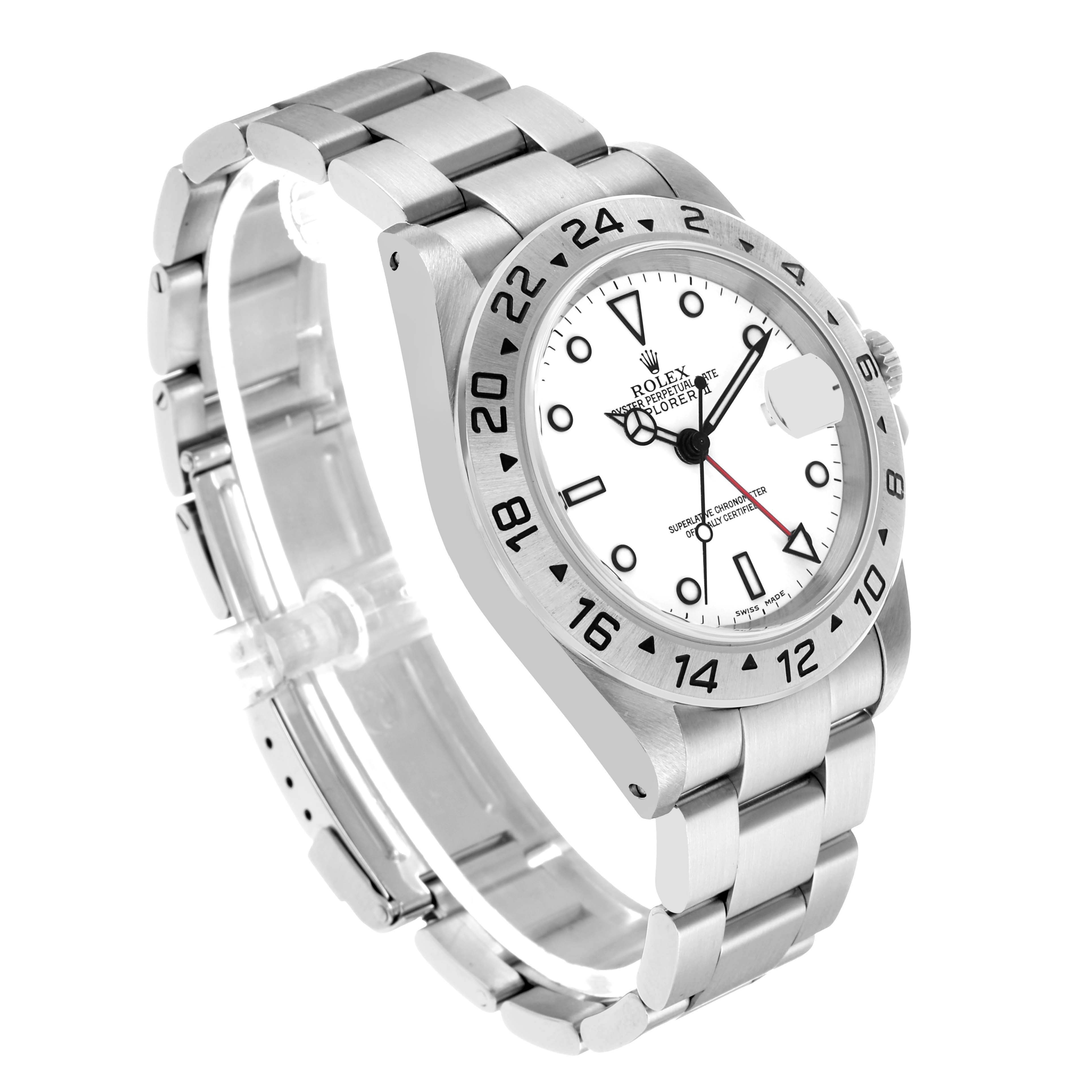 The Rolex Explorer 16570 Men's Stainless Steel White Dial model watch is shown at a three-quarter angle, displaying the face, bezel, and bracelet.