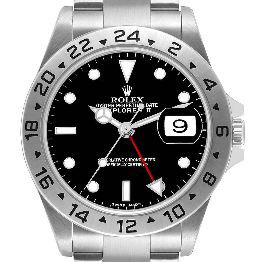 The Rolex Explorer 16570 Men's Stainless Steel Black Dial II watch is shown from a front angle, highlighting the dial, hands, bezel, and part of the bracelet.