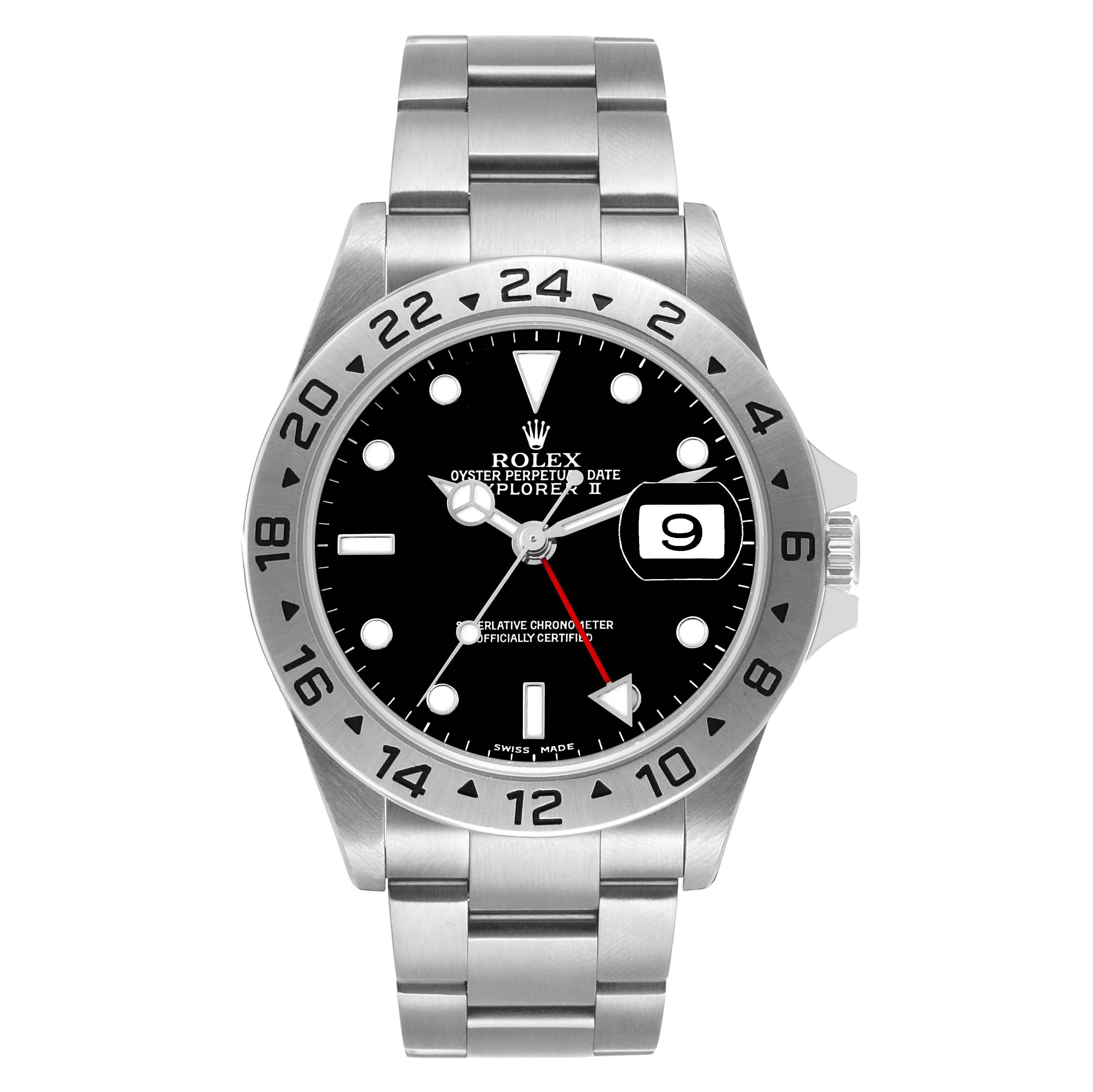 This Rolex Explorer 16570 Men's Stainless Steel Black Dial model is shown from a front angle, displaying the dial, bezel, and bracelet.