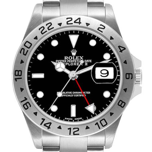 The Rolex Explorer 16570 Men's Stainless Steel Black Dial II watch is shown from a front angle, highlighting the dial, bezel, hands, and date window.