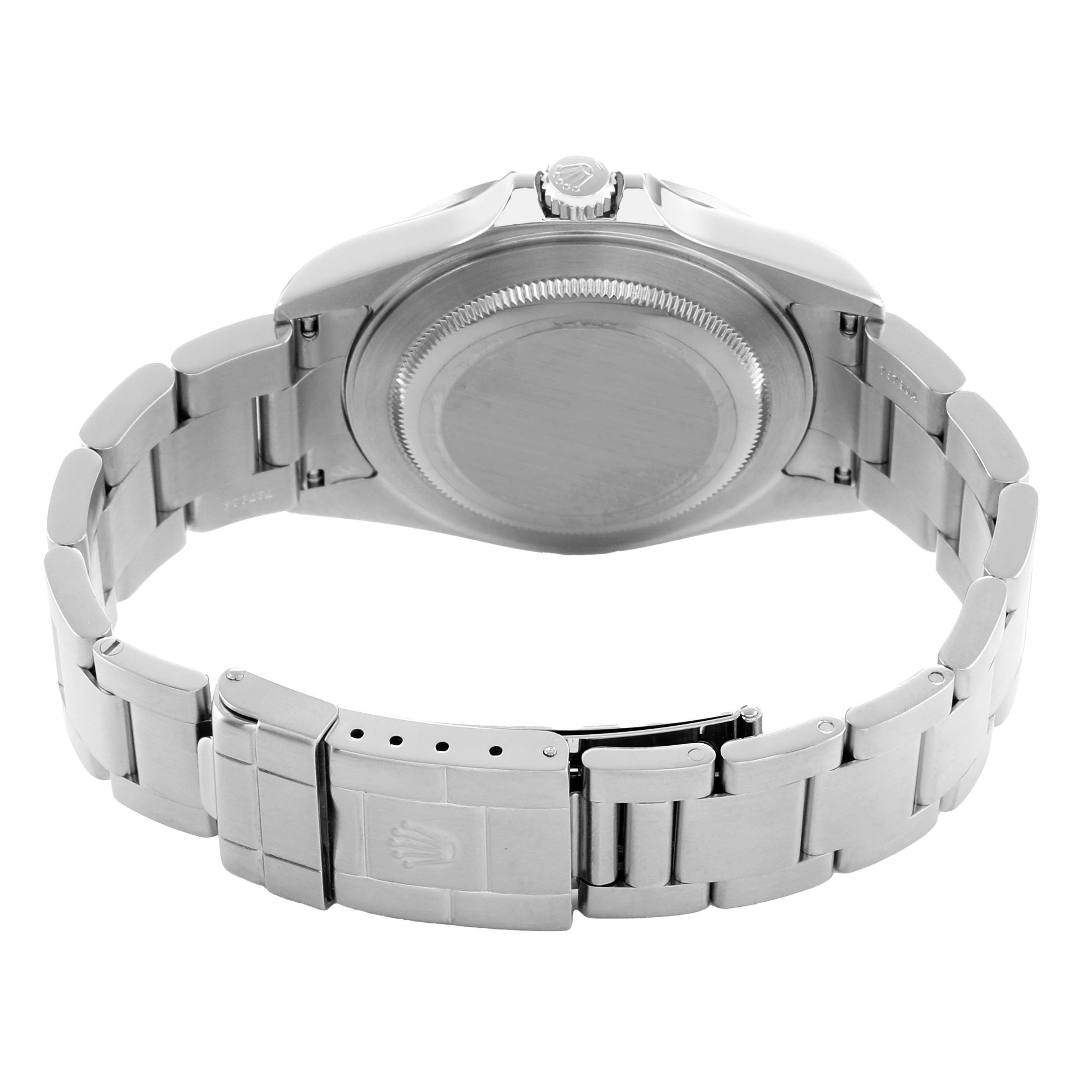 The image shows the back and side view of the Rolex Explorer 16570 Men's Stainless Steel Black Dial, highlighting its case, crown, and bracelet.