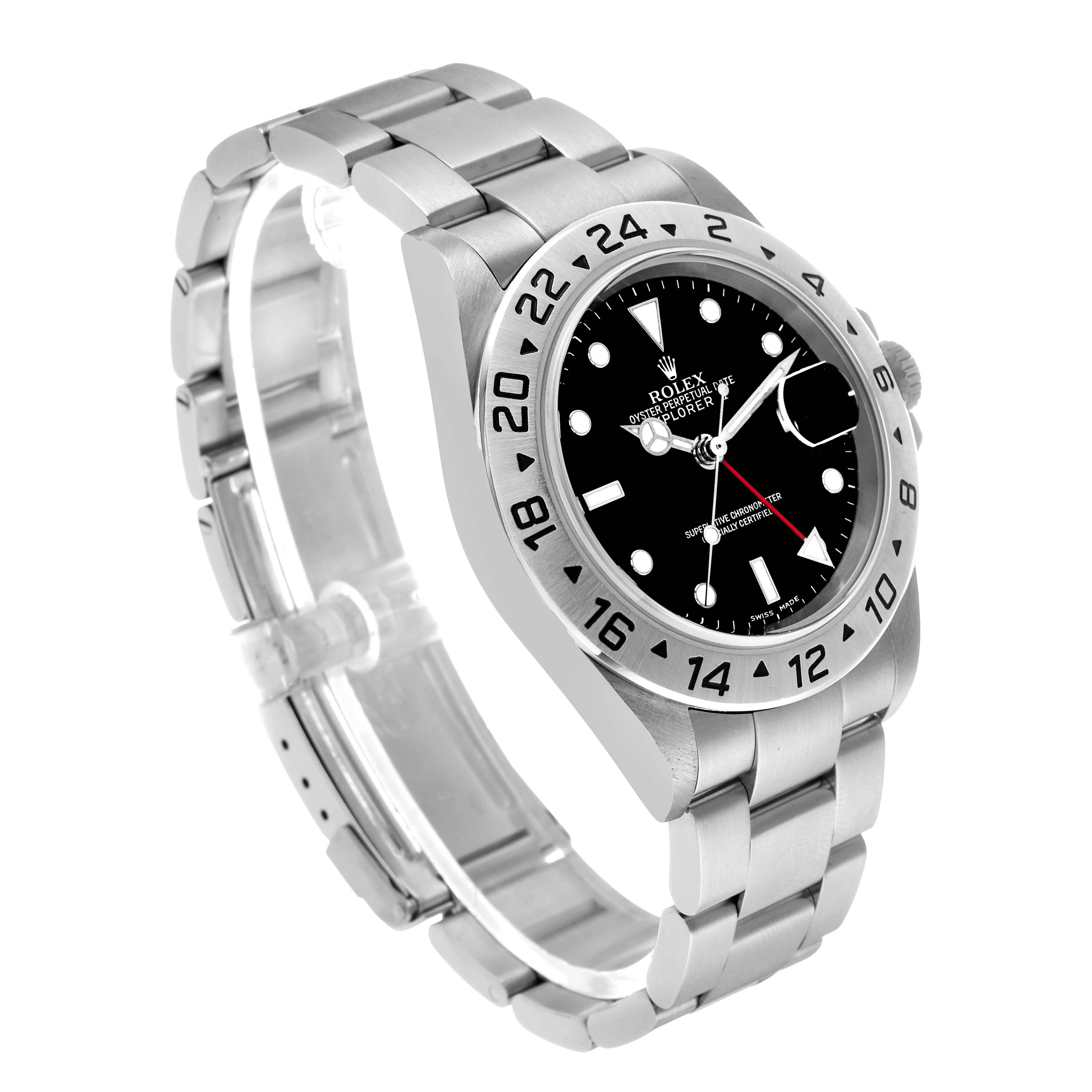 The Rolex Explorer 16570 Men's Stainless Steel Black Dial watch is shown at a three-quarter angle, highlighting the bezel, dial, and bracelet.