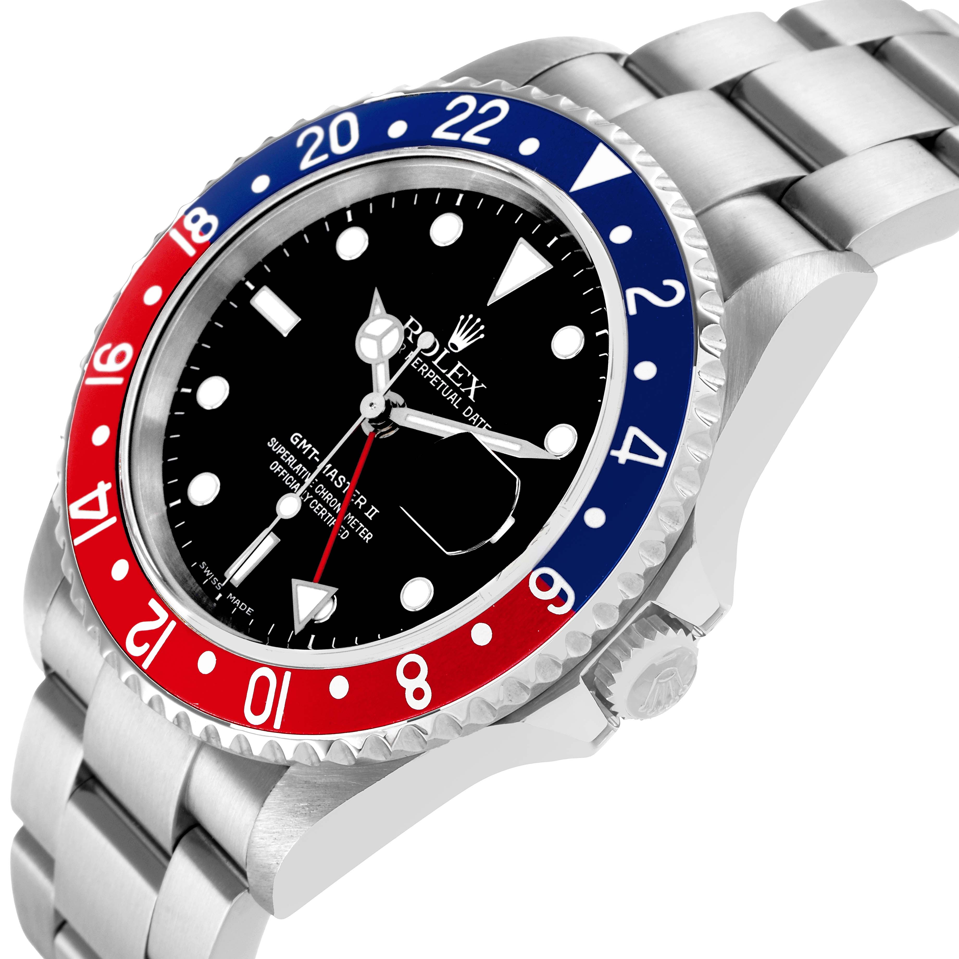 The Rolex GMT-Master 16710 Men's Stainless Steel Black Dial watch is shown at a slight side angle, highlighting the bezel, face, crown, and bracelet.