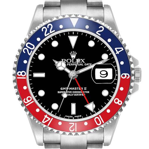 The Rolex GMT-Master 16710 Men's Stainless Steel Black Dial II is shown from a top view, highlighting the bezel, dial, and crown.