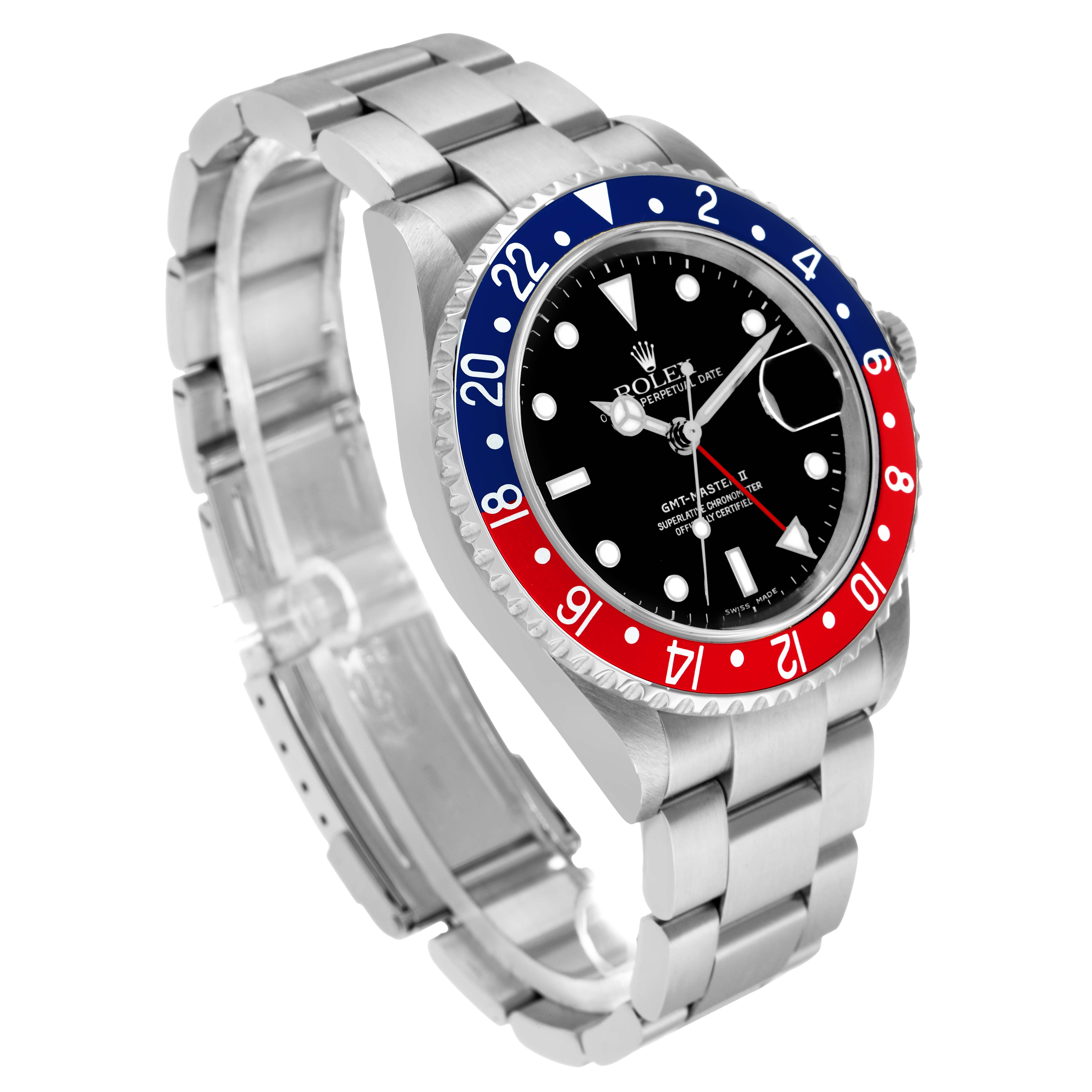 The Rolex GMT-Master 16710 Men's Stainless Steel Black Dial watch is shown at an angled view, highlighting the bracelet, bezel, and dial.