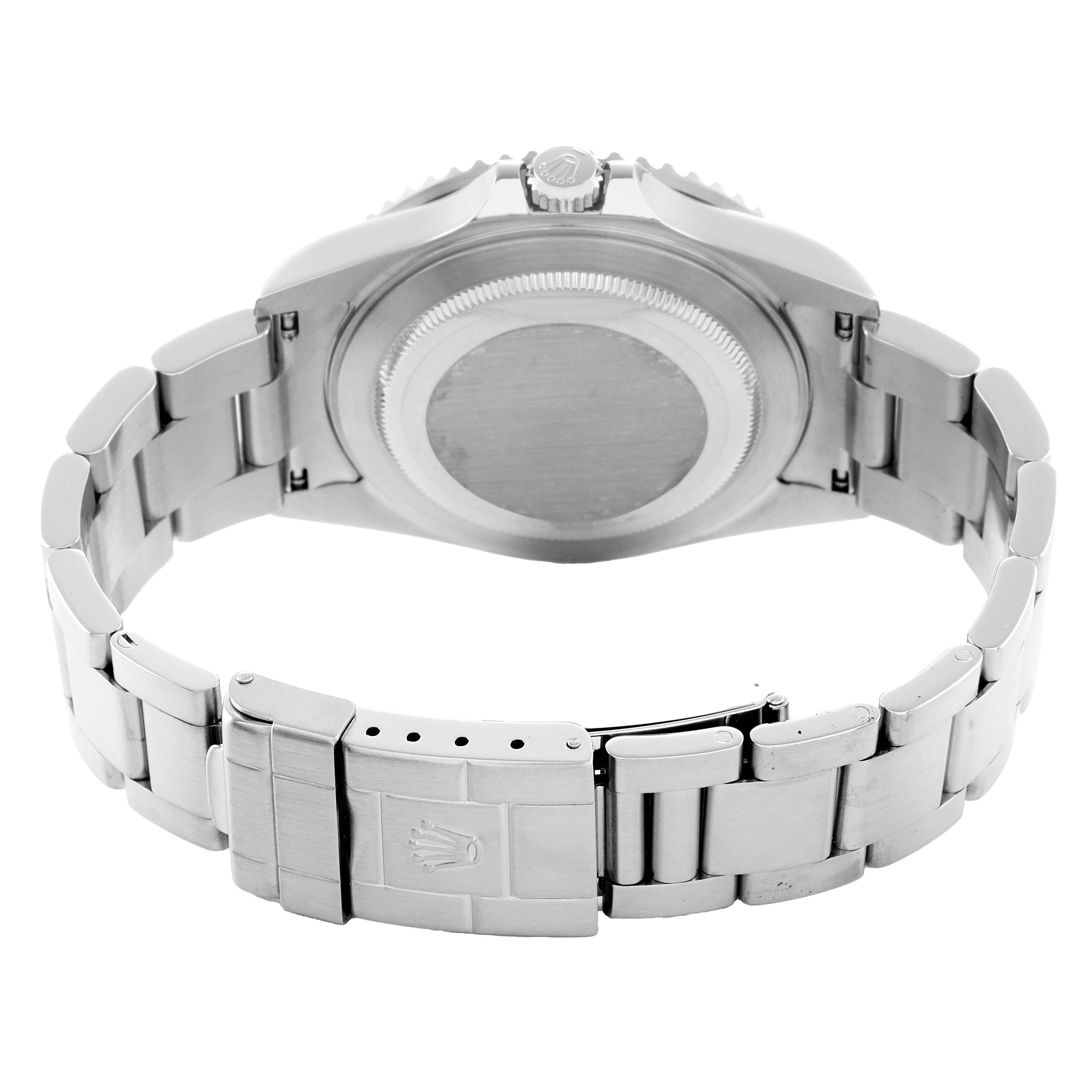 The image shows the back of a Rolex GMT-Master 16710 Men's Stainless Steel Black Dial, displaying the case back, bracelet, and clasp from a rear angle.