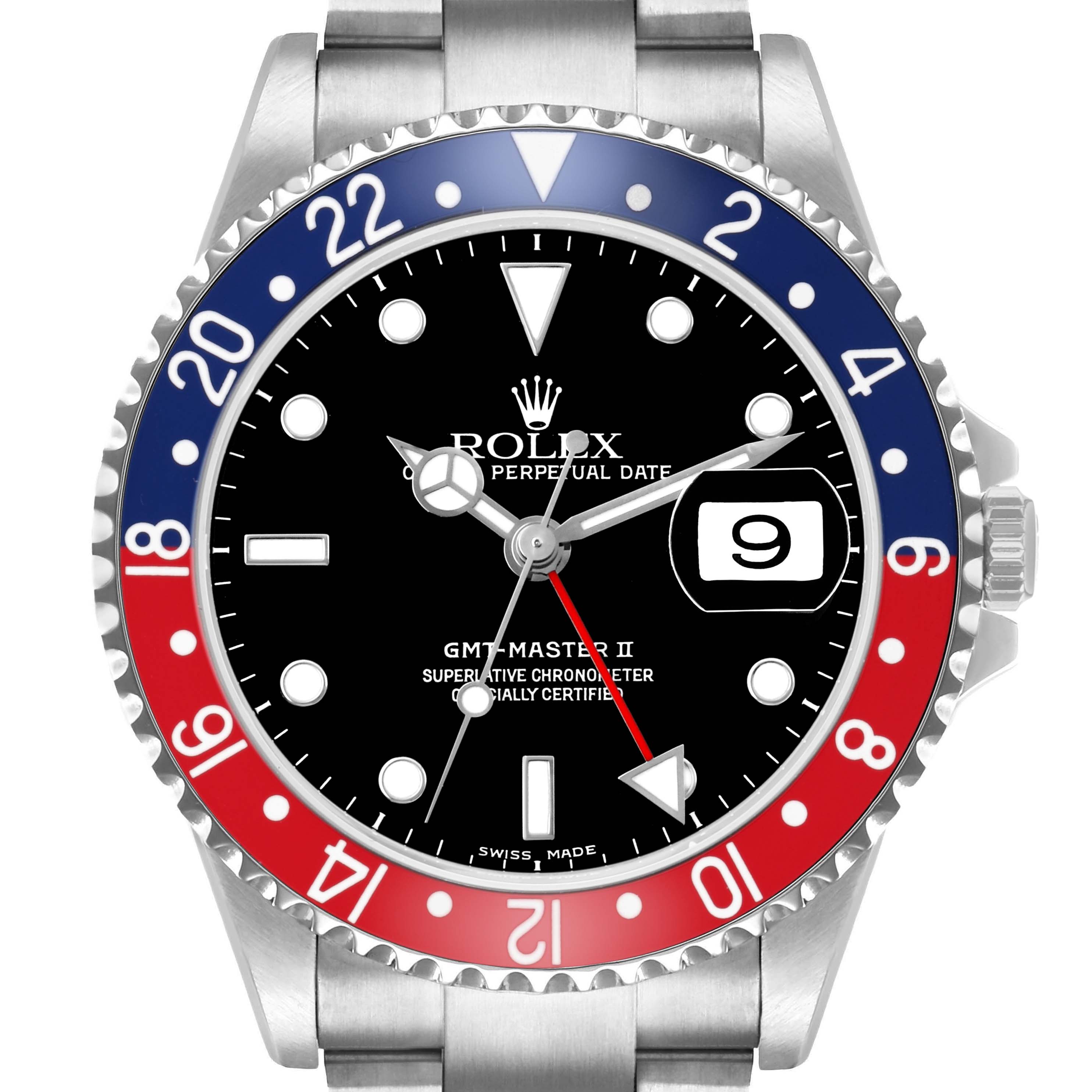The Rolex GMT-Master 16710 Men's Stainless Steel Black Dial II is shown from the front, displaying the dial, bi-color bezel, hands, and bracelet.