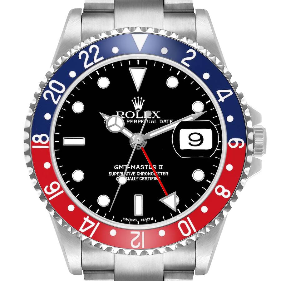 The Rolex GMT-Master 16710 Men's Stainless Steel Black Dial II is shown from the front, displaying the dial, bi-color bezel, hands, and bracelet.