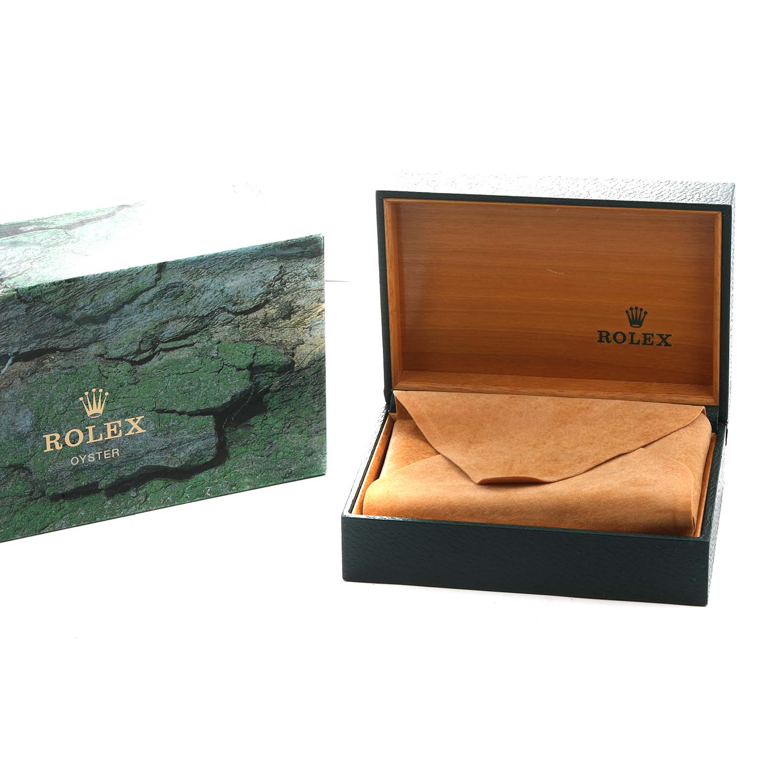 The image shows an open Rolex GMT-Master 16710 Men's Stainless Steel Black Dial watch box with the exterior box beside it, both branded with the Rolex logo.