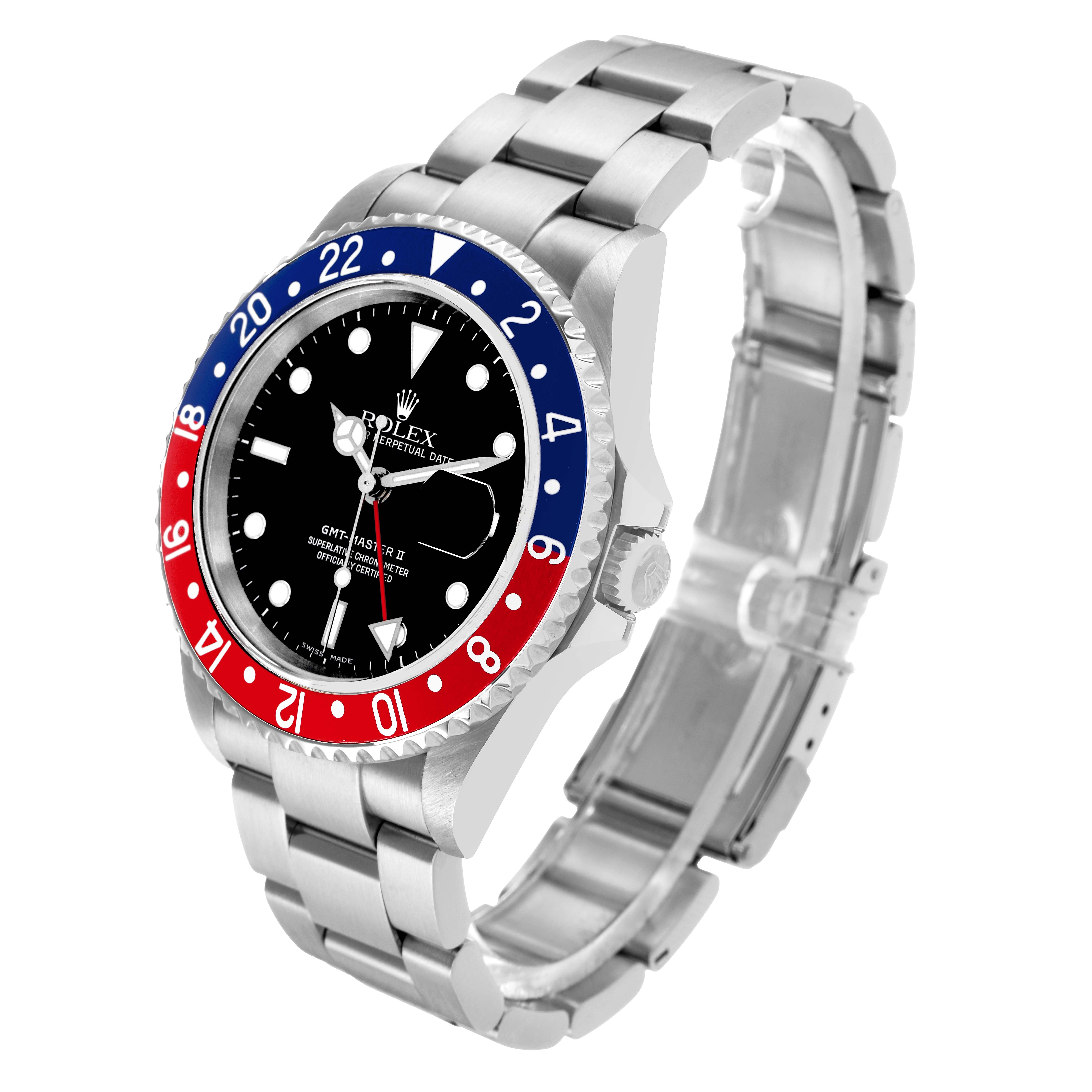 The Rolex GMT-Master 16710 Men's Stainless Steel Black Dial watch is shown at a three-quarter angle, highlighting the face, bezel, case, and bracelet.