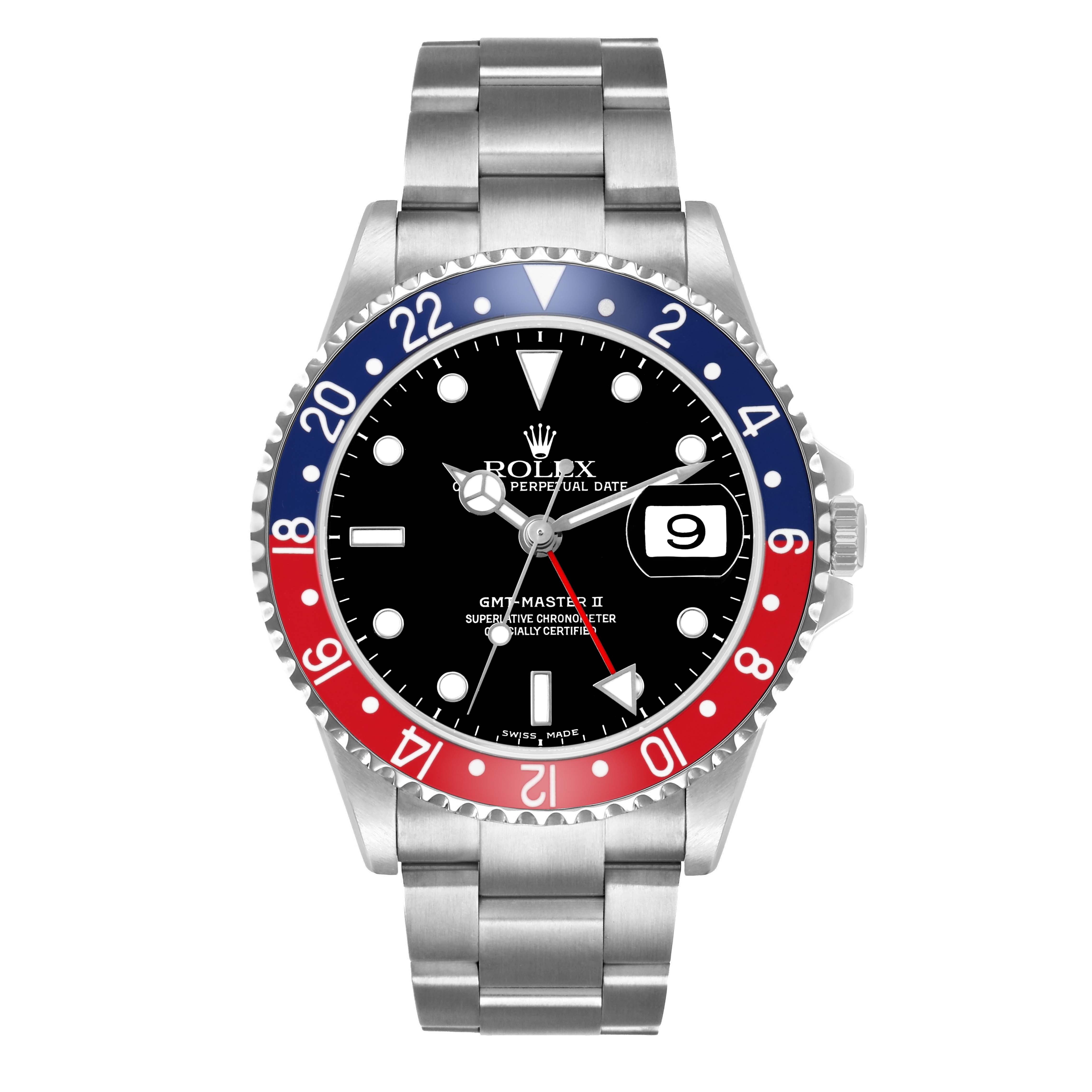 The Rolex GMT-Master 16710 Men's Stainless Steel Black Dial watch is shown from the front, displaying its bezel, dial, hands, date window, and bracelet.