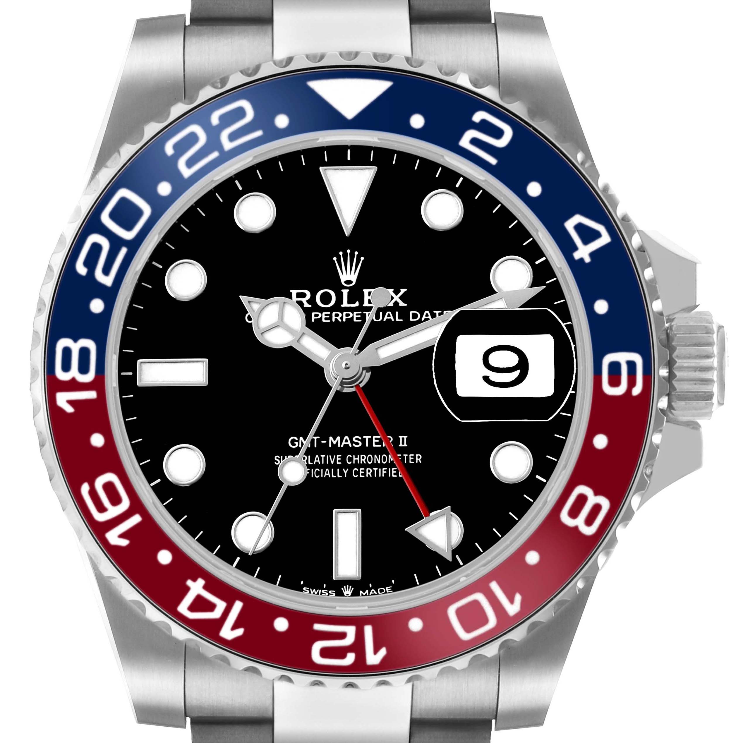 The Rolex GMT-Master 126710 Men's Stainless Steel Black Dial II watch is shown from the front, displaying the bezel, dial, and hands clearly.