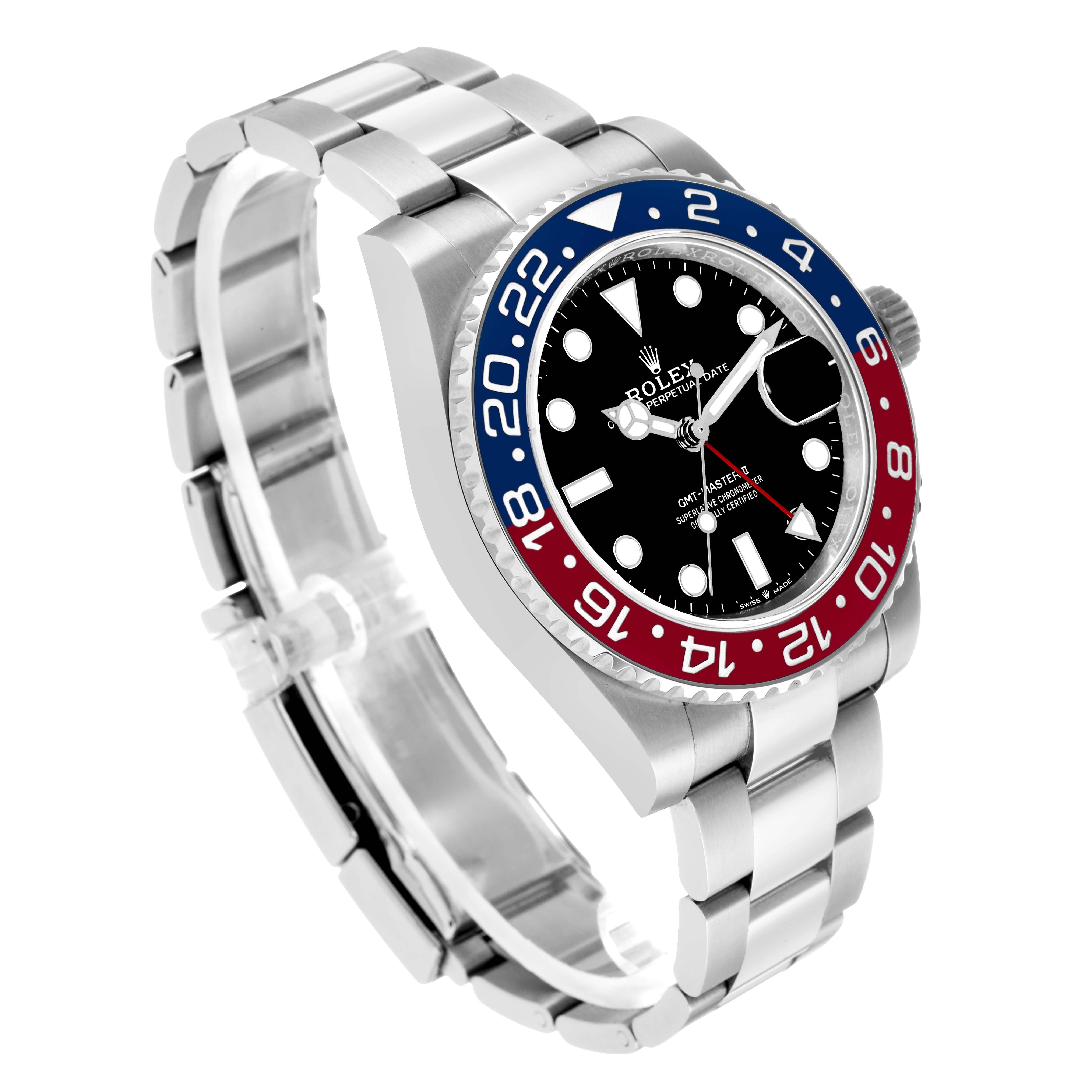 The Rolex GMT-Master 126710 Men's Stainless Steel Black Dial watch is shown at a three-quarter angle, highlighting the bezel, face, and bracelet.