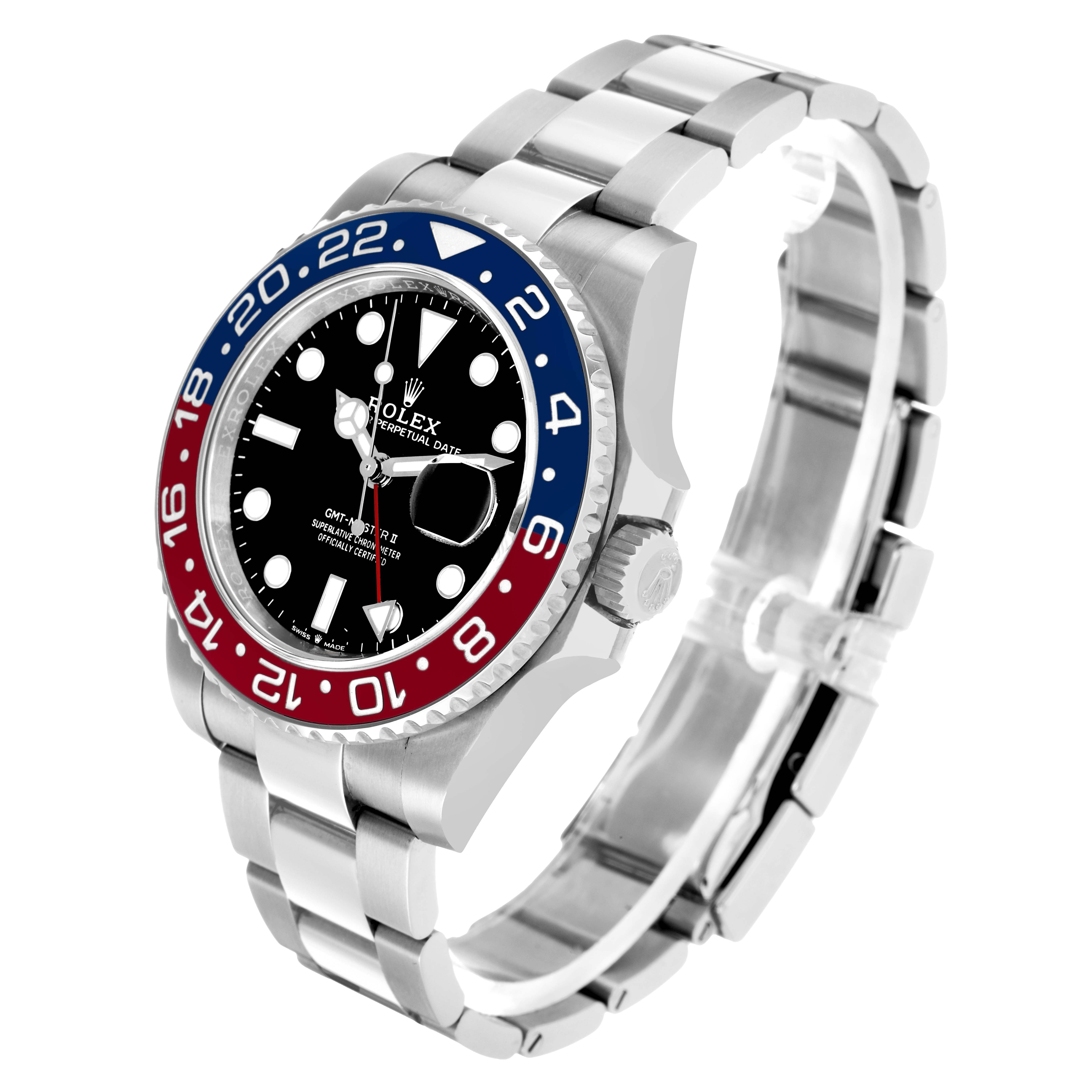 The Rolex GMT-Master 126710 Men's Stainless Steel Black Dial is shown at a three-quarter angle, displaying its bezel, dial, and bracelet.