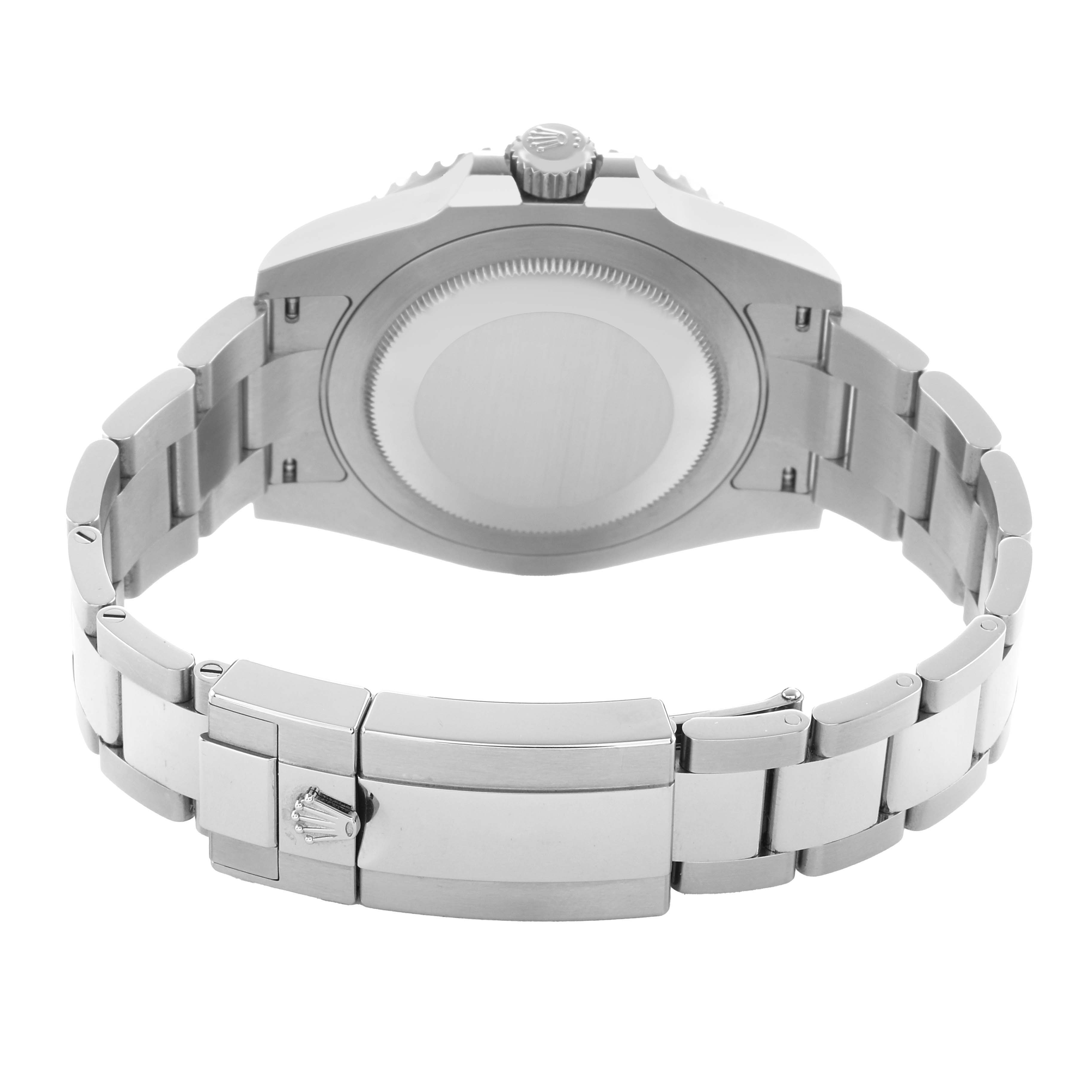 The image shows the back view of a Rolex GMT-Master 126710 Men's Stainless Steel Black Dial, featuring the case back, bracelet, and clasp.