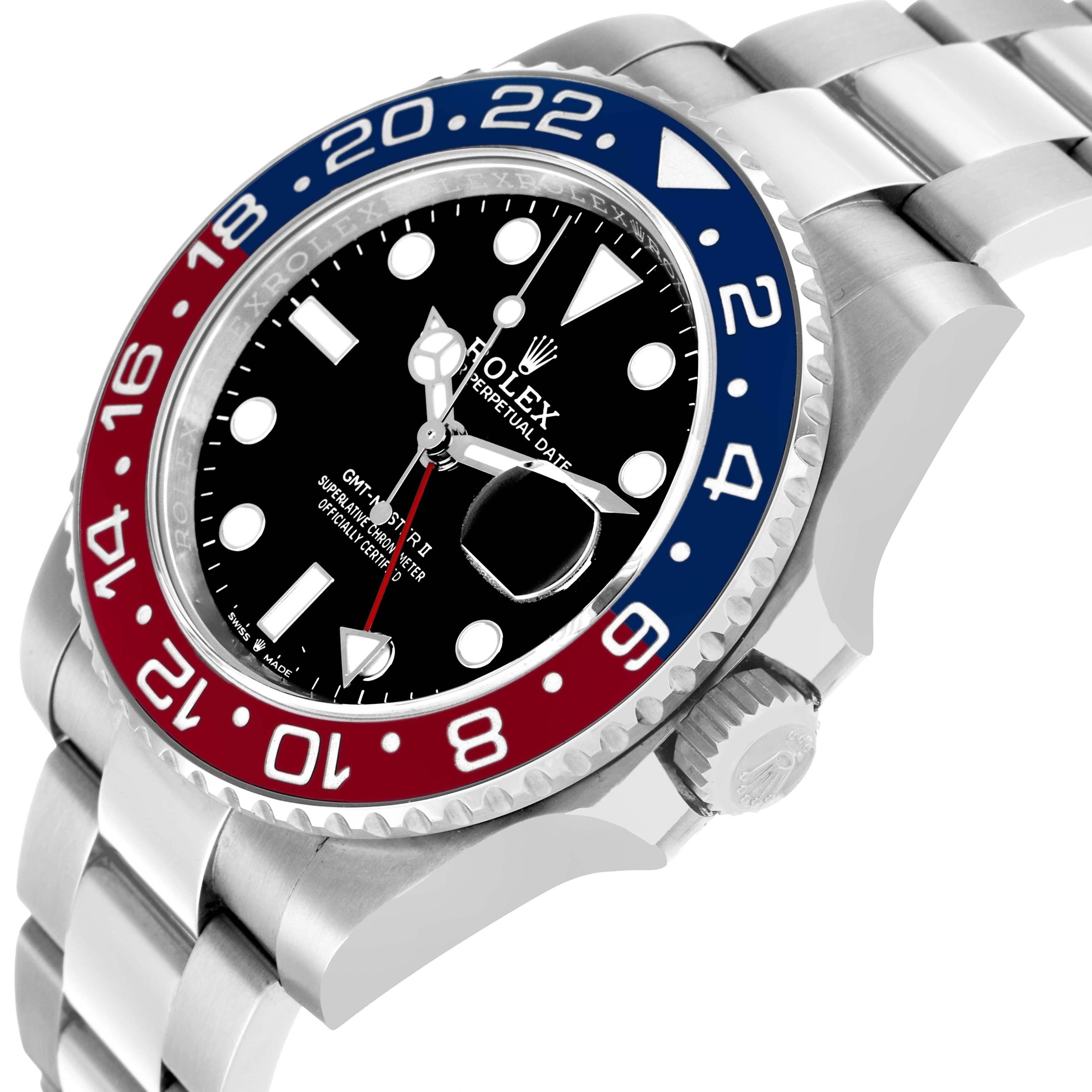 The image shows the Rolex GMT-Master 126710 Men's Stainless Steel Black Dial watch at a slight angle, highlighting the bezel, dial, and bracelet.