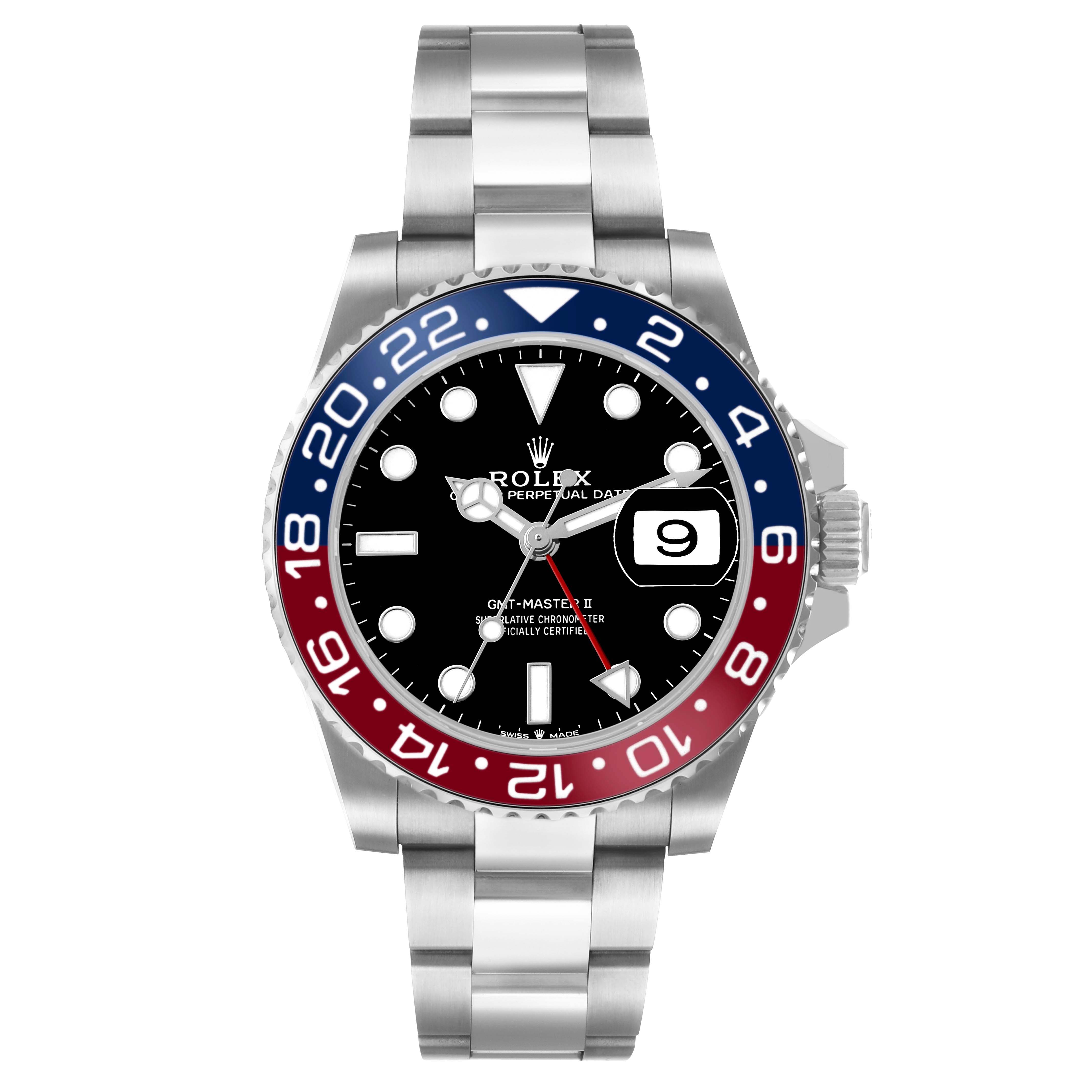 The Rolex GMT-Master 126710 Men's Stainless Steel Black Dial watch is shown from a front angle, displaying the bezel, dial, and bracelet.