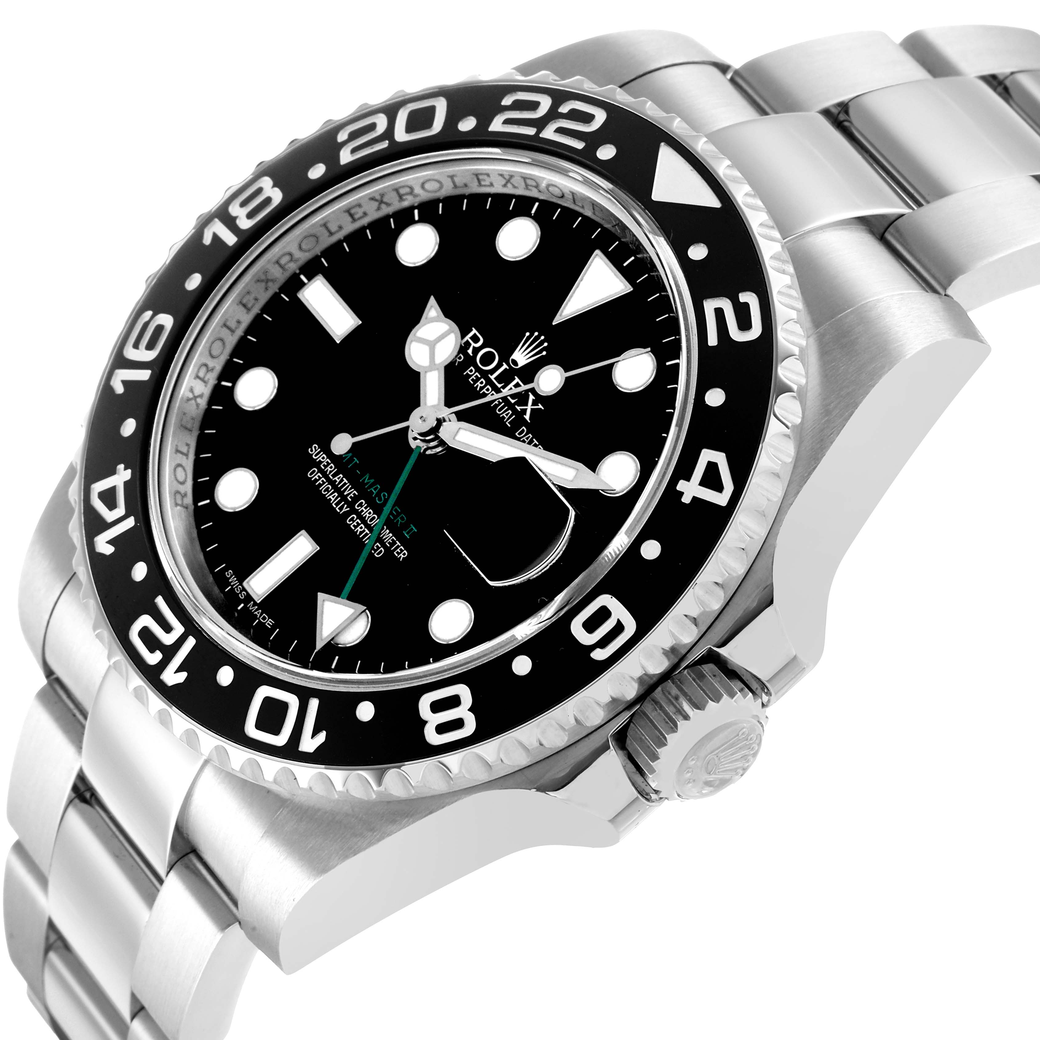 The Rolex GMT-Master 116710 Men's Stainless Steel Black Dial watch is shown from a three-quarter angle, highlighting the bezel, dial, crown, and bracelet.