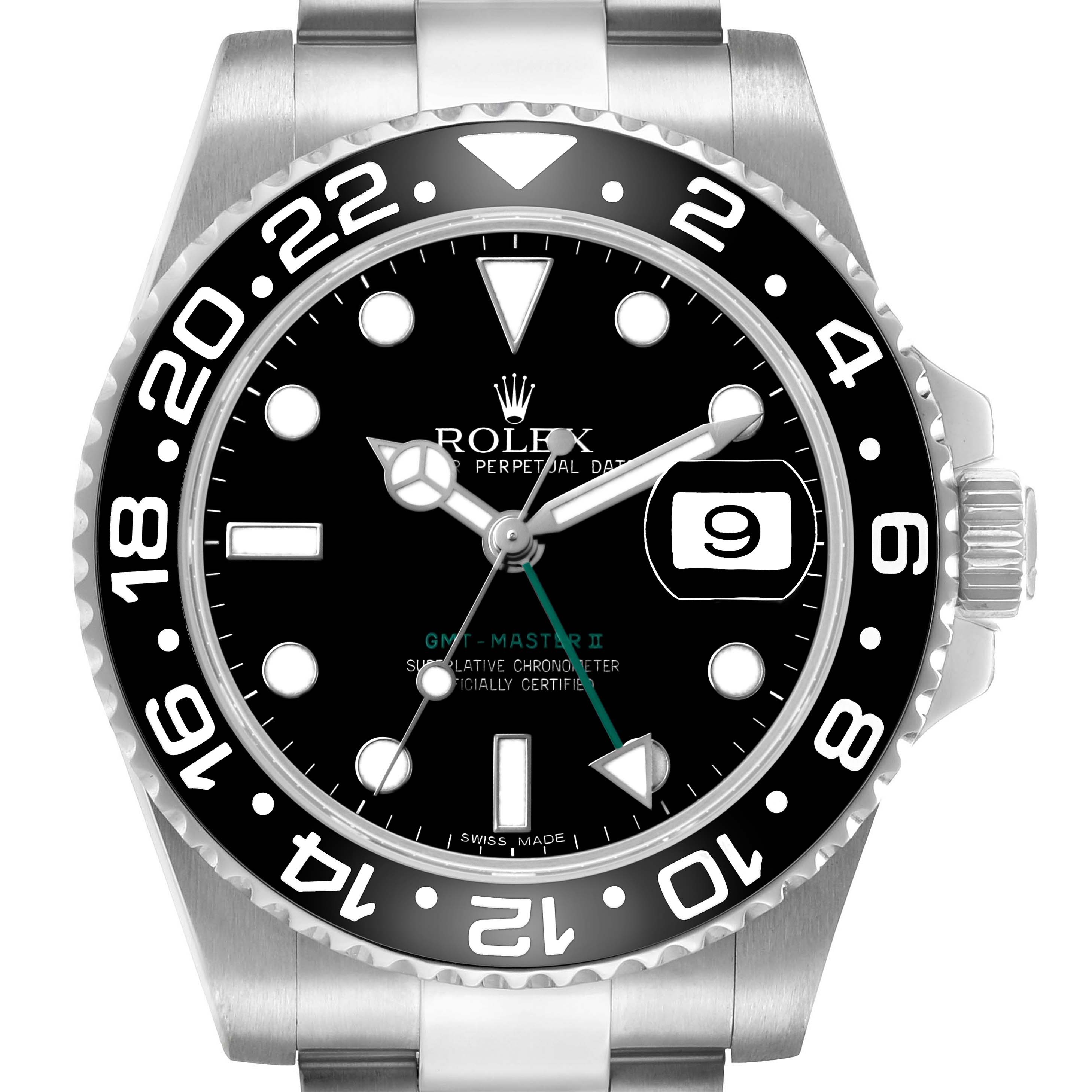 The Rolex GMT-Master 116710 Men's Stainless Steel Black Dial watch is shown from a front angle displaying the face, bezel, and part of the bracelet.