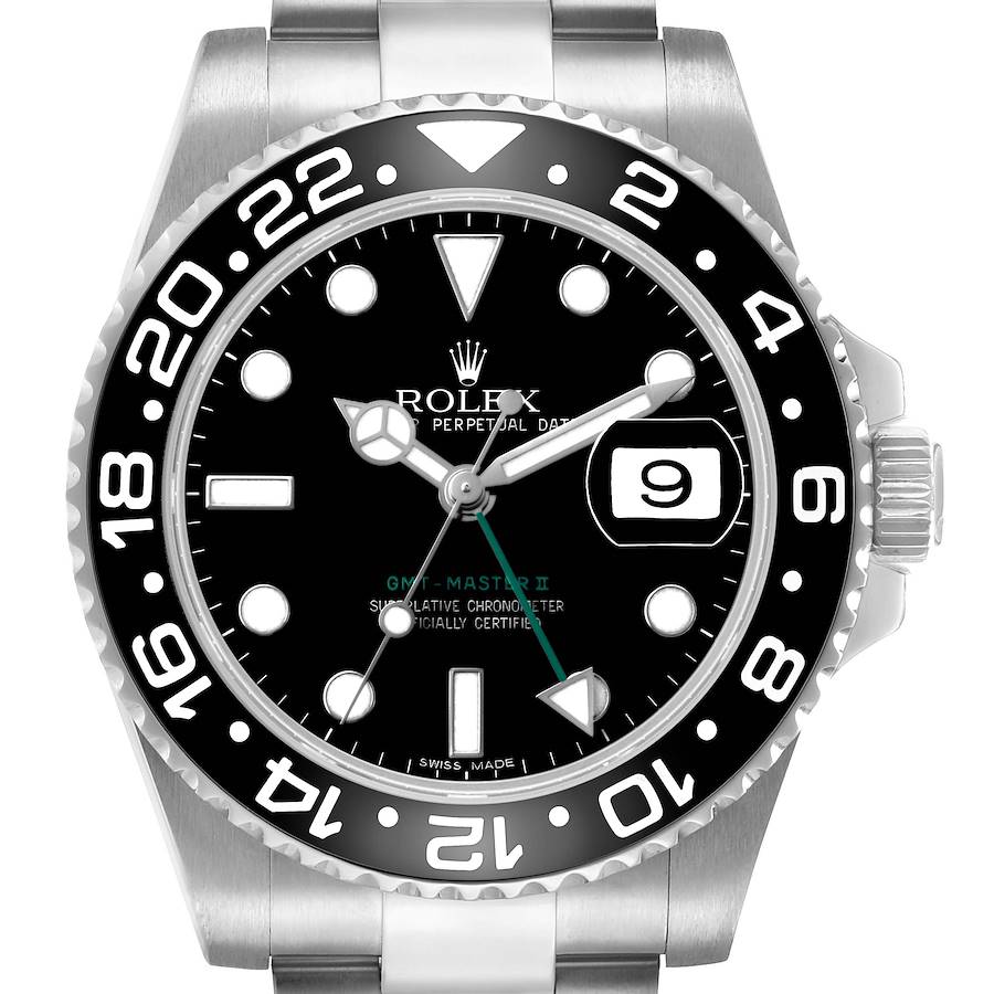 The Rolex GMT-Master 116710 Men's Stainless Steel Black Dial watch is shown from a front angle displaying the face, bezel, and part of the bracelet.