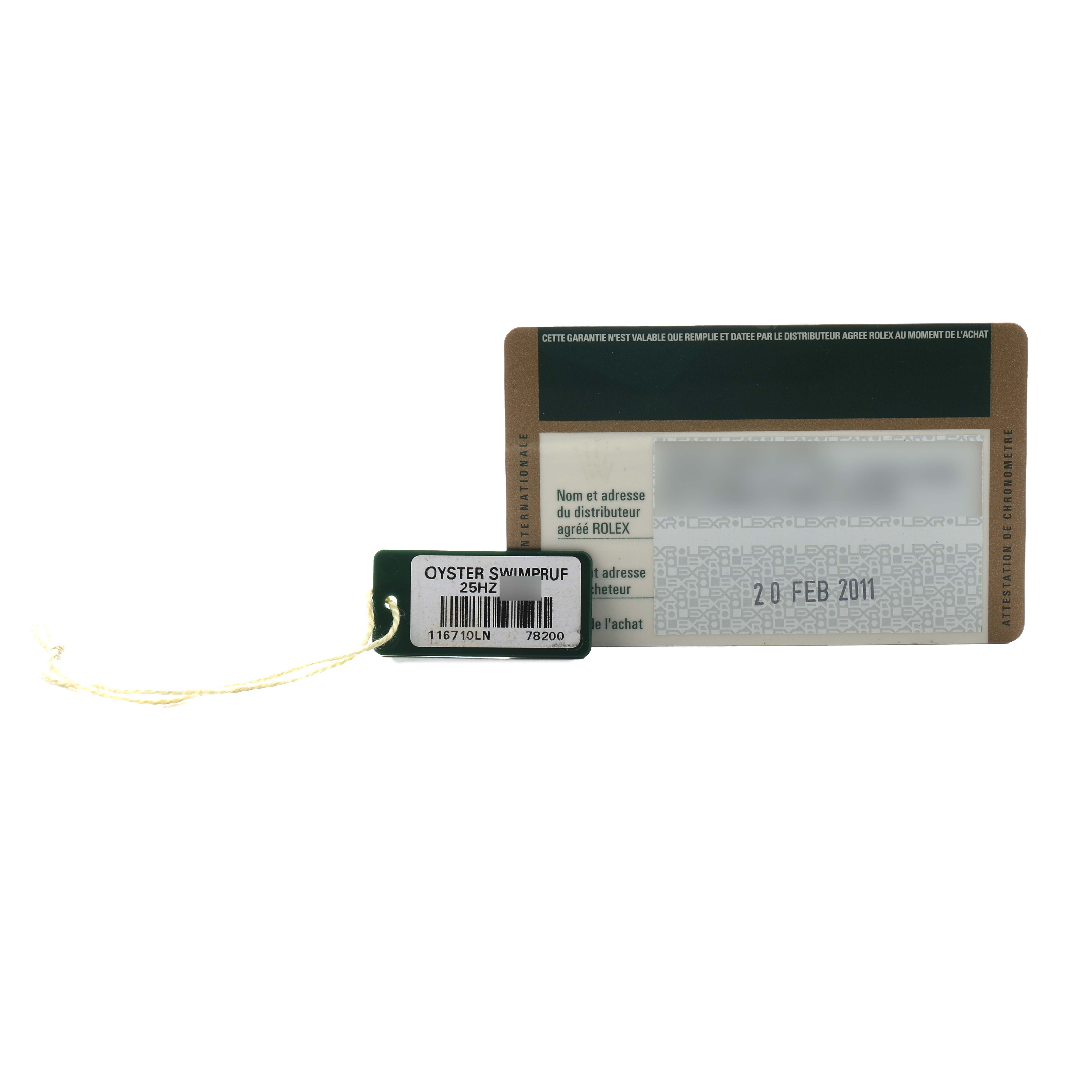 The image shows the warranty card and tag for a Rolex GMT-Master 116710 Men's Stainless Steel Black Dial, without the watch itself.