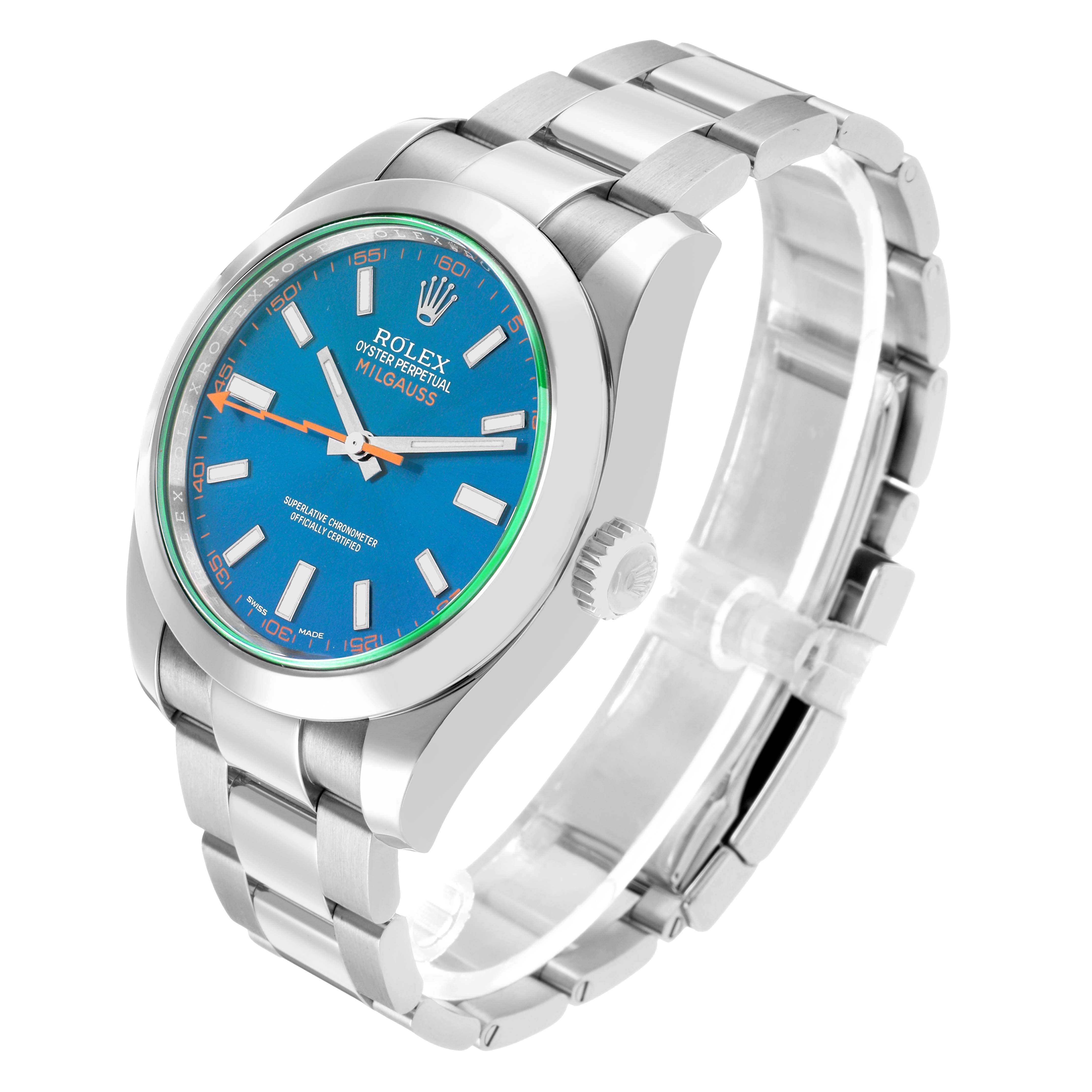 The image shows a Rolex Milgauss 116400GV Men's Stainless Steel Blue Dial watch at an angled view, highlighting the face, crown, and bracelet.