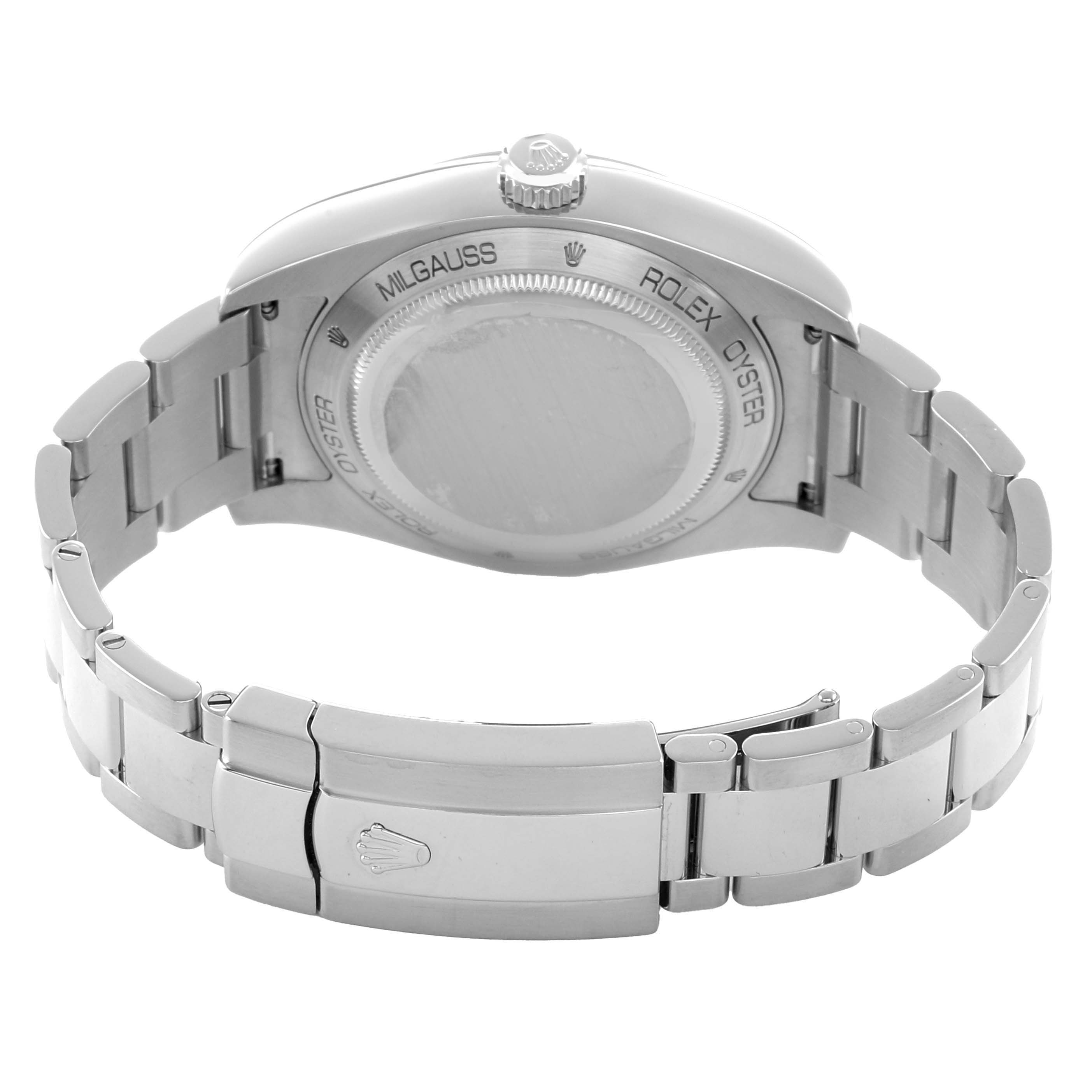 The image shows the back of a Rolex Milgauss 116400GV Men's Stainless Steel Blue Dial watch, featuring the bracelet and clasp from a rear angle.