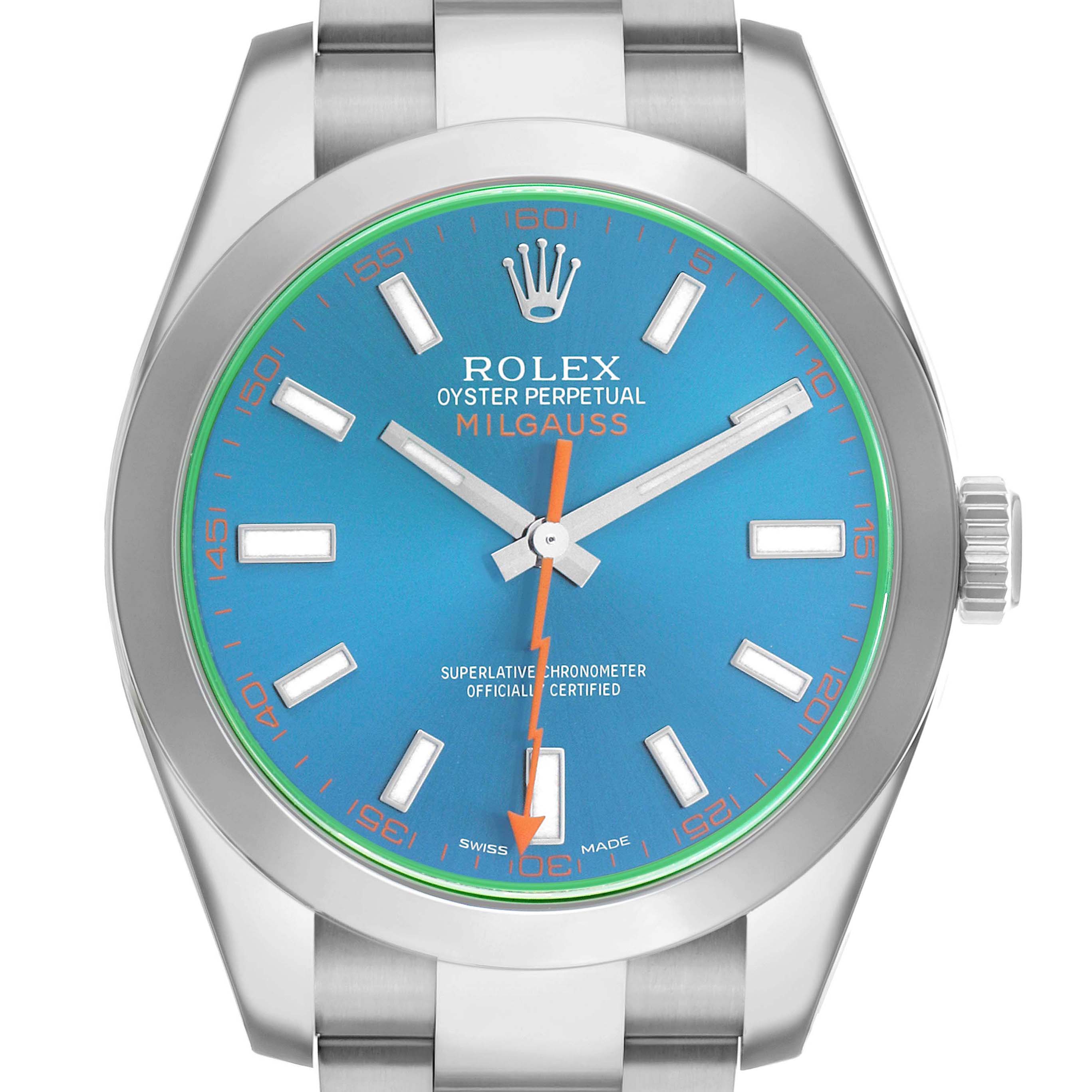 The image shows a front view of the Rolex Milgauss 116400GV Men's Stainless Steel Blue Dial watch displaying the dial, hands, and part of the bracelet.
