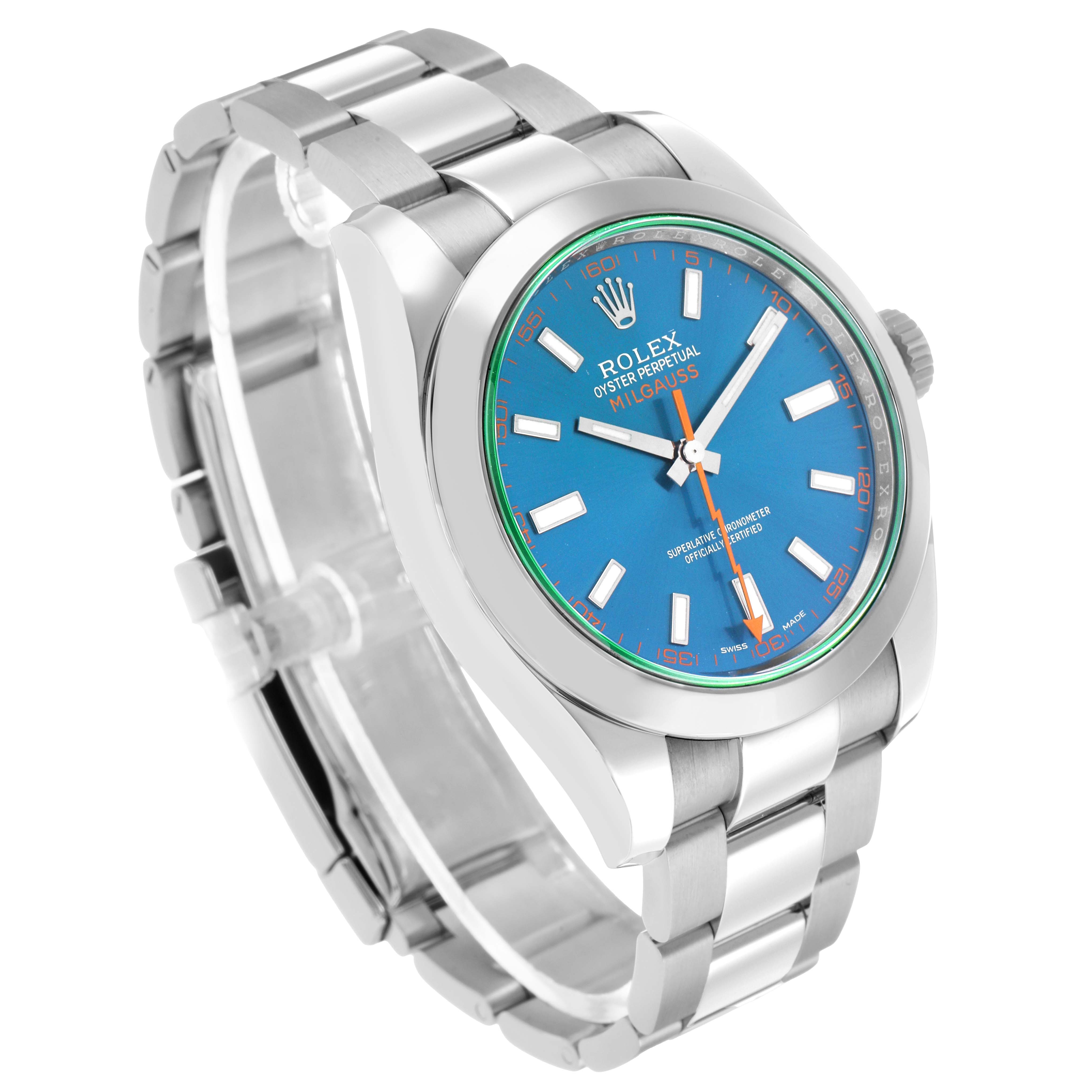 The Rolex Milgauss 116400GV Men's Stainless Steel Blue Dial watch is shown at a three-quarter angle, highlighting the blue dial, luminescent markers, and metal bracelet.