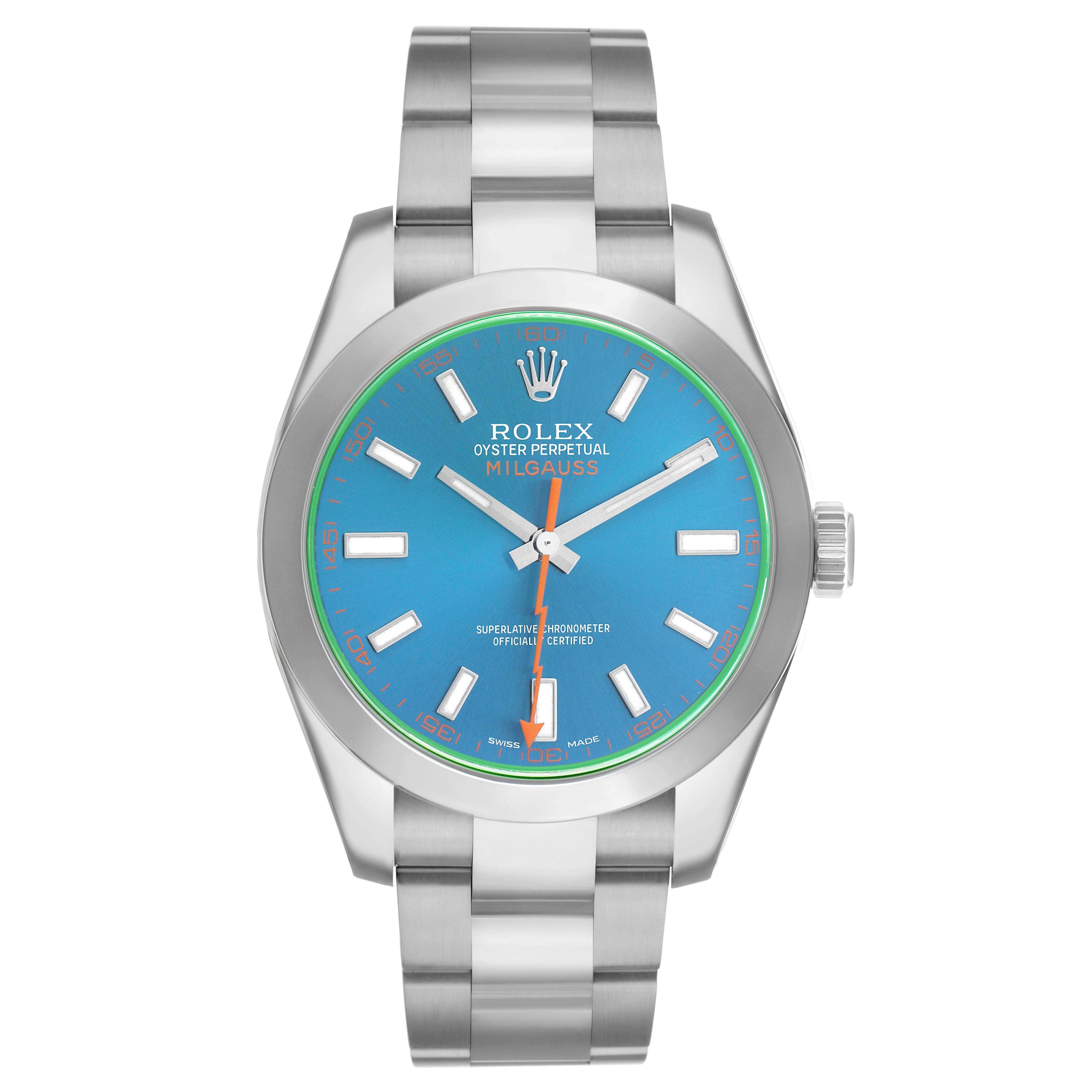 The Rolex Milgauss 116400GV Men's Stainless Steel Blue Dial watch is shown from a top-down angle, highlighting the face, bezel, and bracelet.