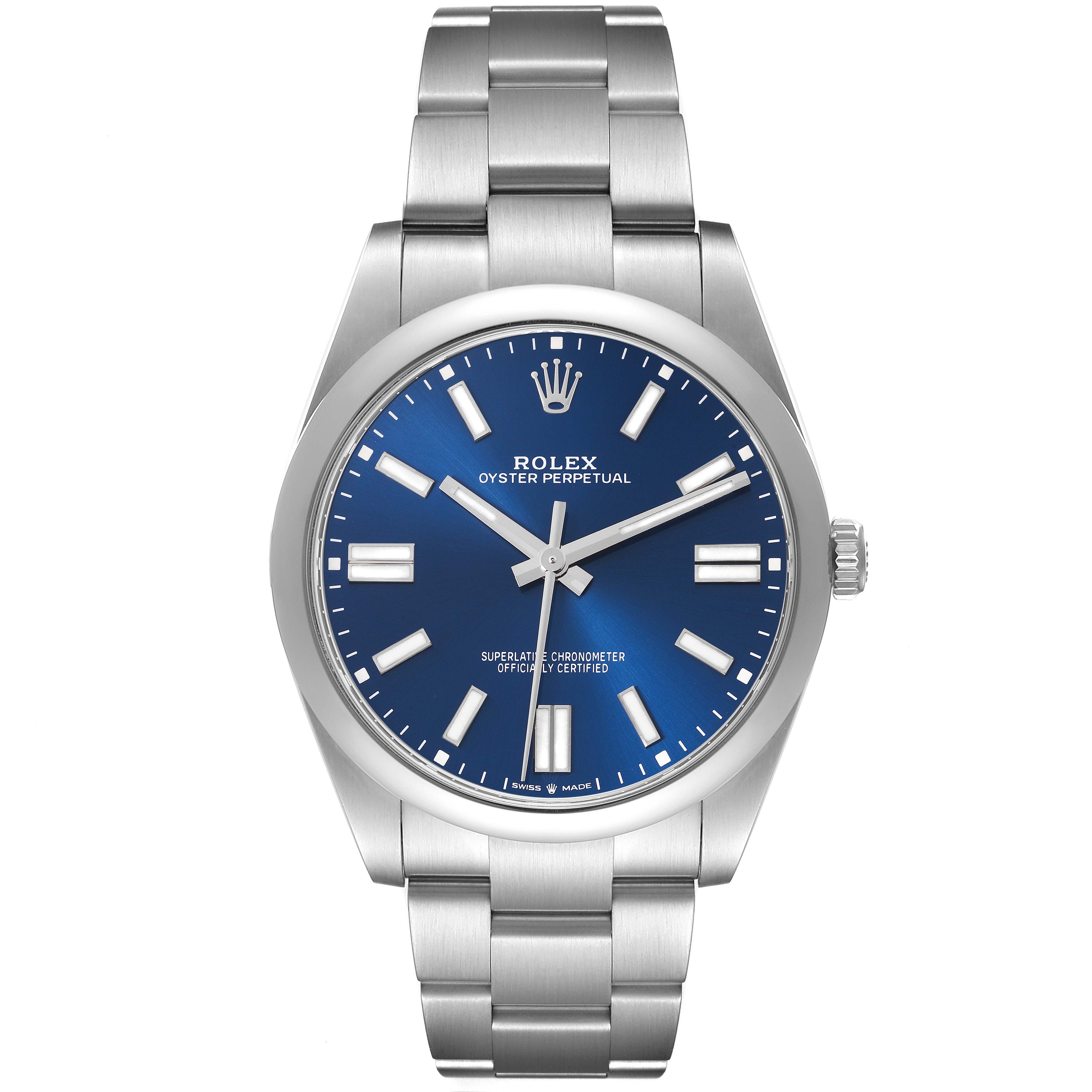 The Rolex Oyster Perpetual 124300 Men's Stainless Steel Blue Dial 124300 Men's Stainless Steel Blue Dial watch is shown from the front, highlighting its blue dial, hour markers, and stainless steel bracelet.