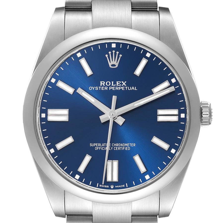 The image shows a front view of the Rolex Oyster Perpetual watch, highlighting its blue dial and stainless steel case.