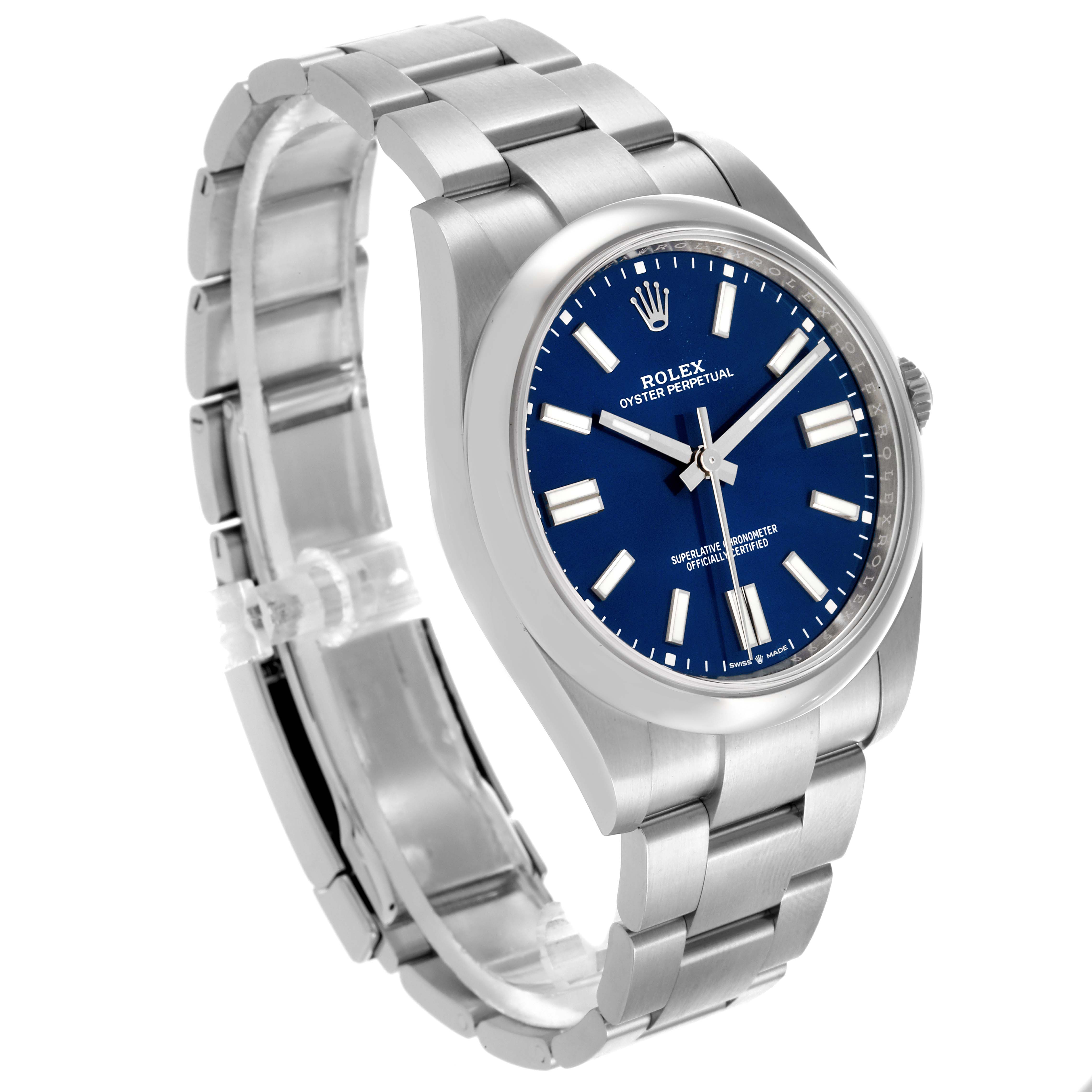 The Rolex Oyster Perpetual 124300 Men's Stainless Steel Blue Dial 124300 Men's Stainless Steel Blue Dial watch is shown at a three-quarter angle, highlighting the blue dial, bezel, and bracelet.