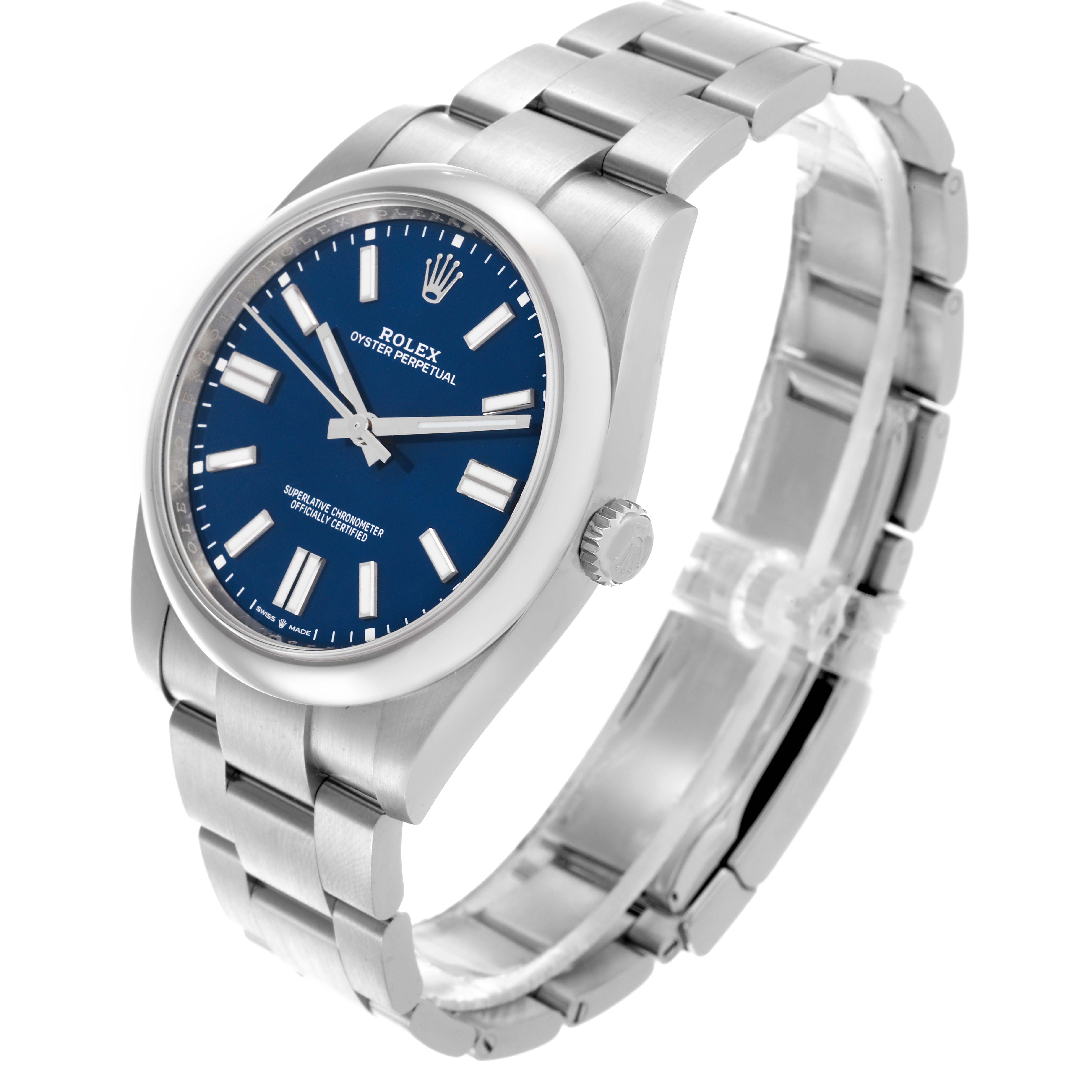 The Rolex Oyster Perpetual 124300 Men's Stainless Steel Blue Dial 124300 Men's Stainless Steel Blue Dial watch is shown at a slight angle, displaying the face, crown, and metal bracelet links.