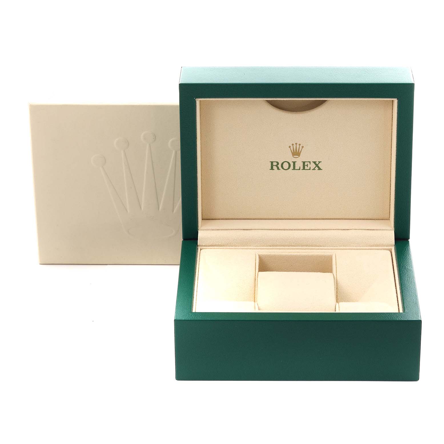 The image shows an open Rolex Oyster Perpetual 124300 Men's Stainless Steel Blue Dial 124300 Men's Stainless Steel Blue Dial watch box, displaying the inside cushion and branding.