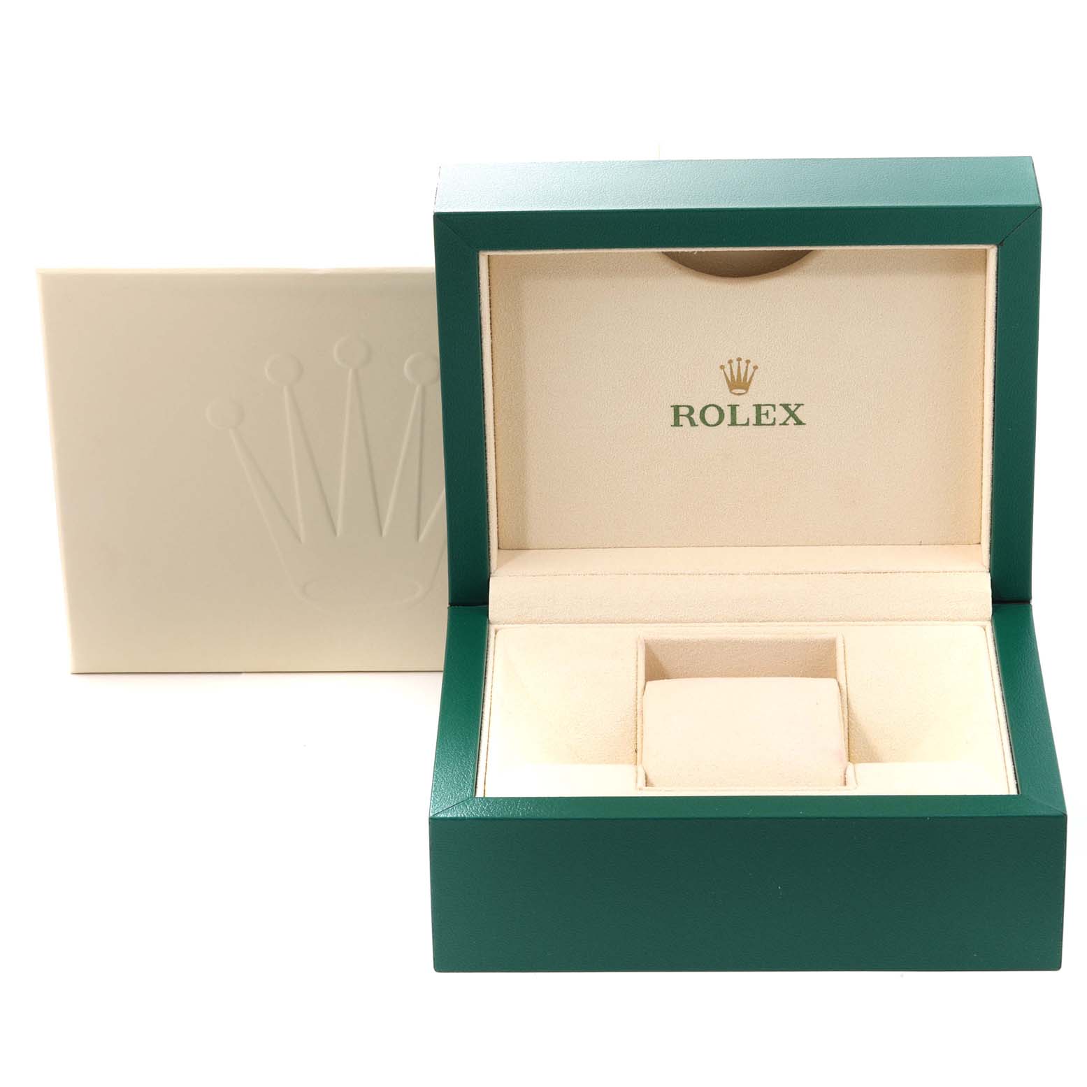 The image shows an open Rolex box for a Mid-Size model, featuring the brand's logo and a cream-colored interior.