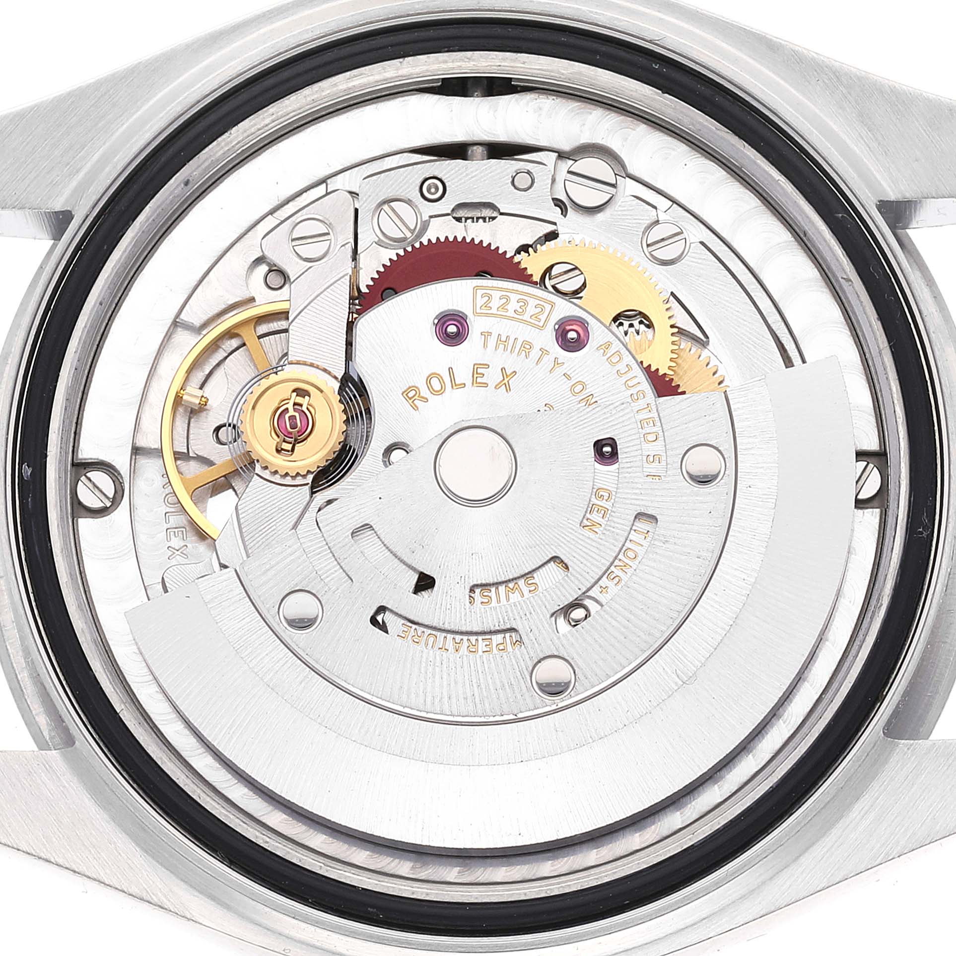 The image shows the back view of the Rolex Mid-Size 277200 Women's Stainless Steel Green Dial 277200 Women's Stainless Steel Green Dial model, displaying the intricate movement and internal mechanisms.