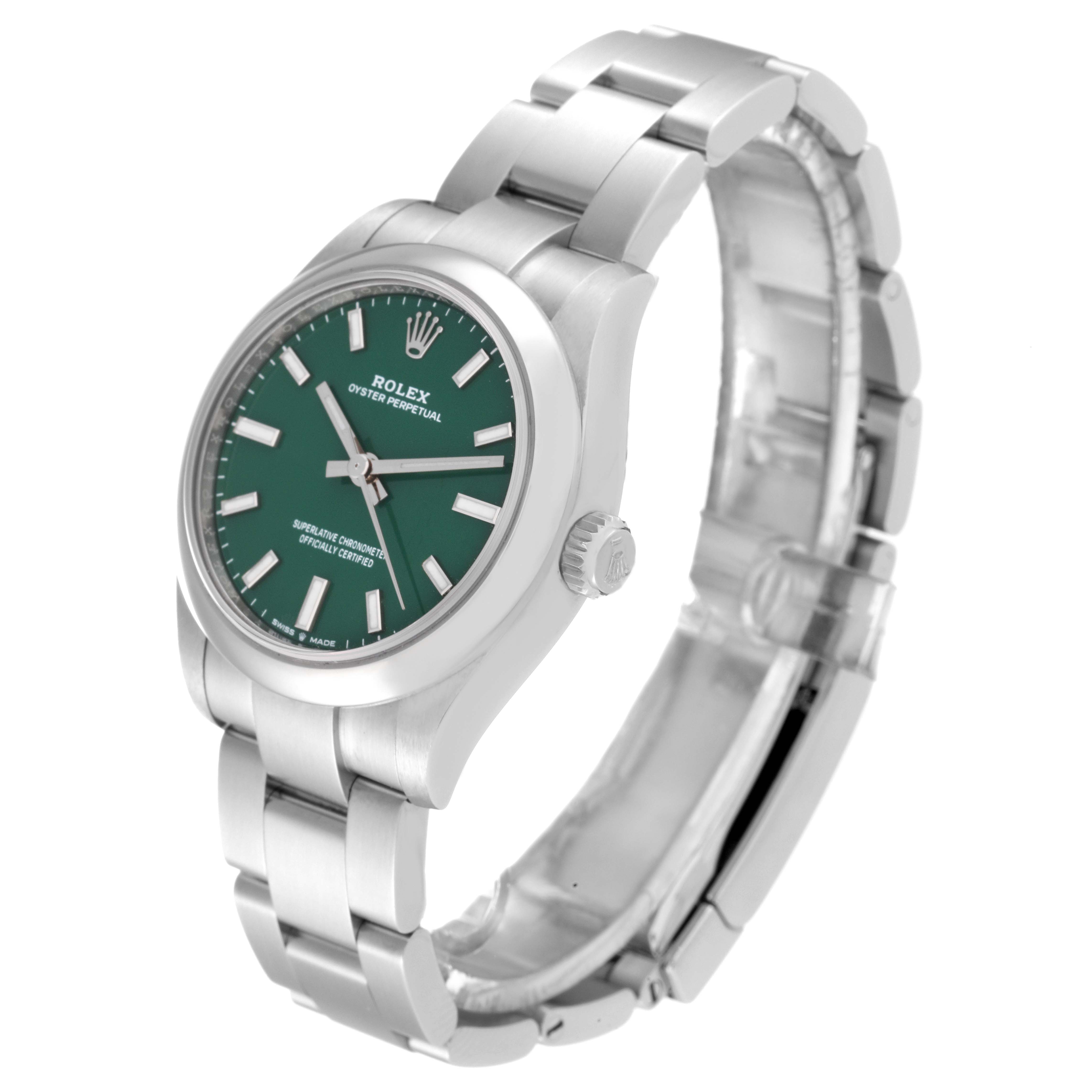 This Rolex Mid-Size 277200 Women's Stainless Steel Green Dial 277200 Women's Stainless Steel Green Dial Oyster Perpetual watch is shown at a three-quarter angle, revealing the green dial, case, and bracelet.
