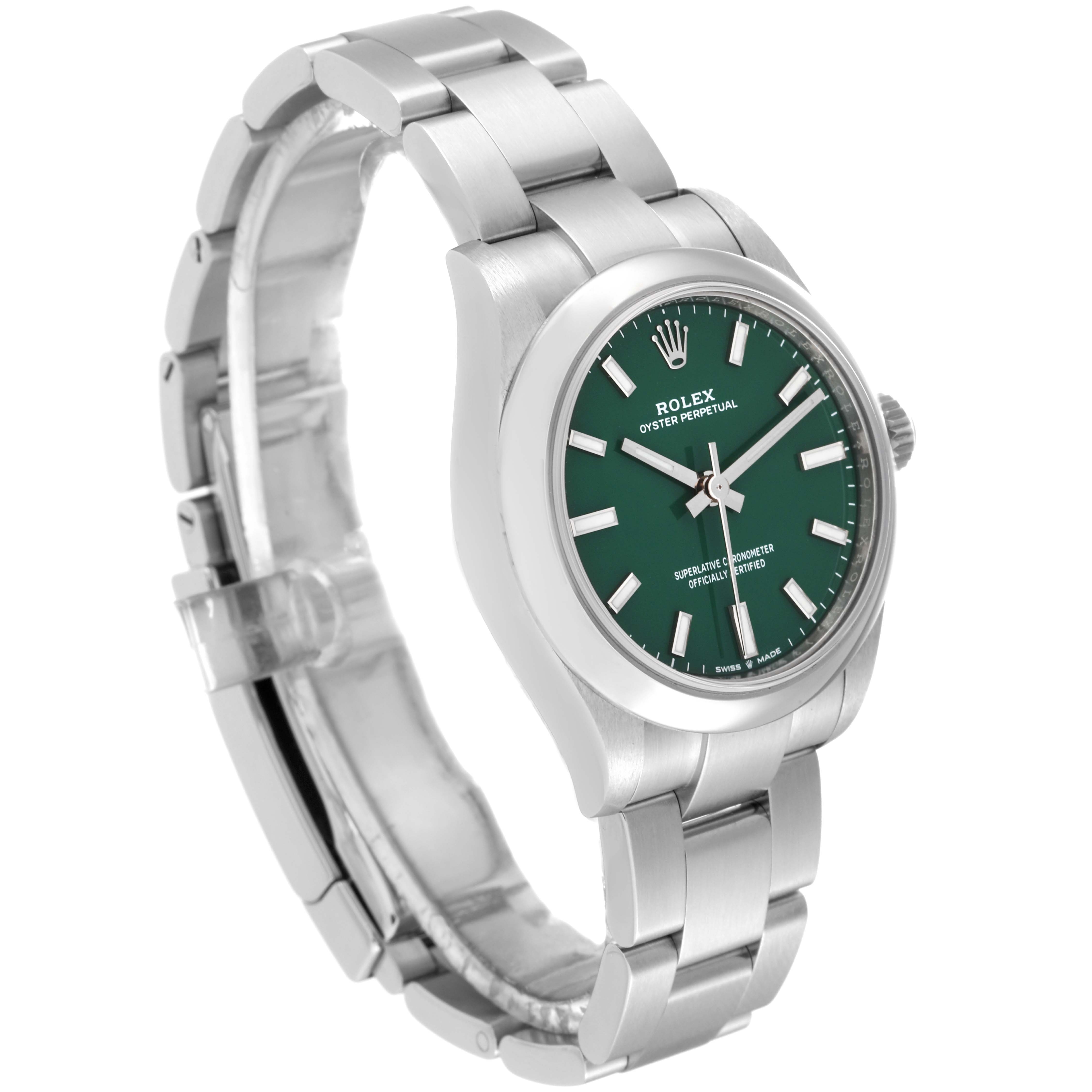 The image shows a side view of a Rolex Oyster Perpetual Mid-Size watch, highlighting the green dial and metal bracelet.
