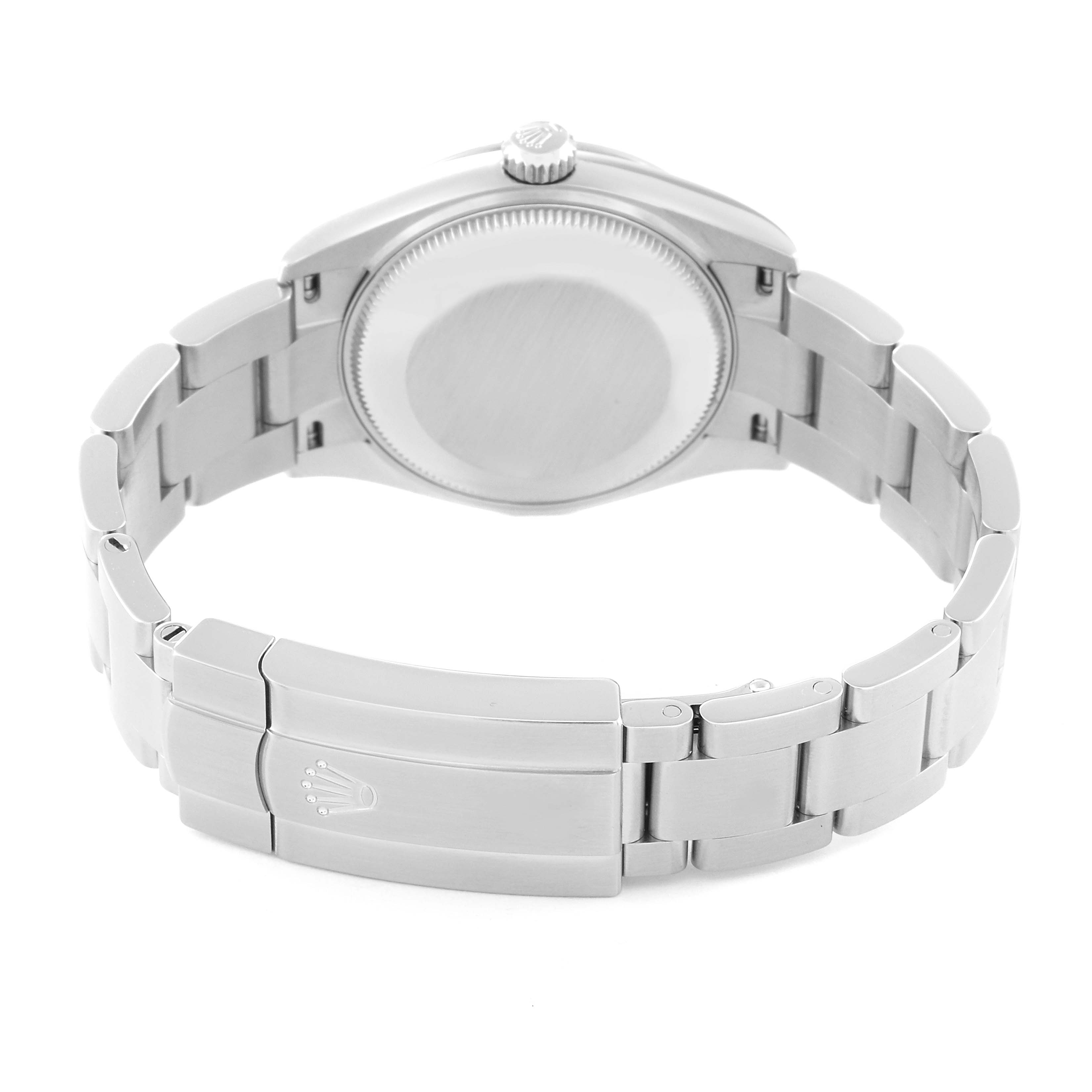 The image shows the back and bracelet clasp of a Mid-Size Rolex watch from a rear perspective.