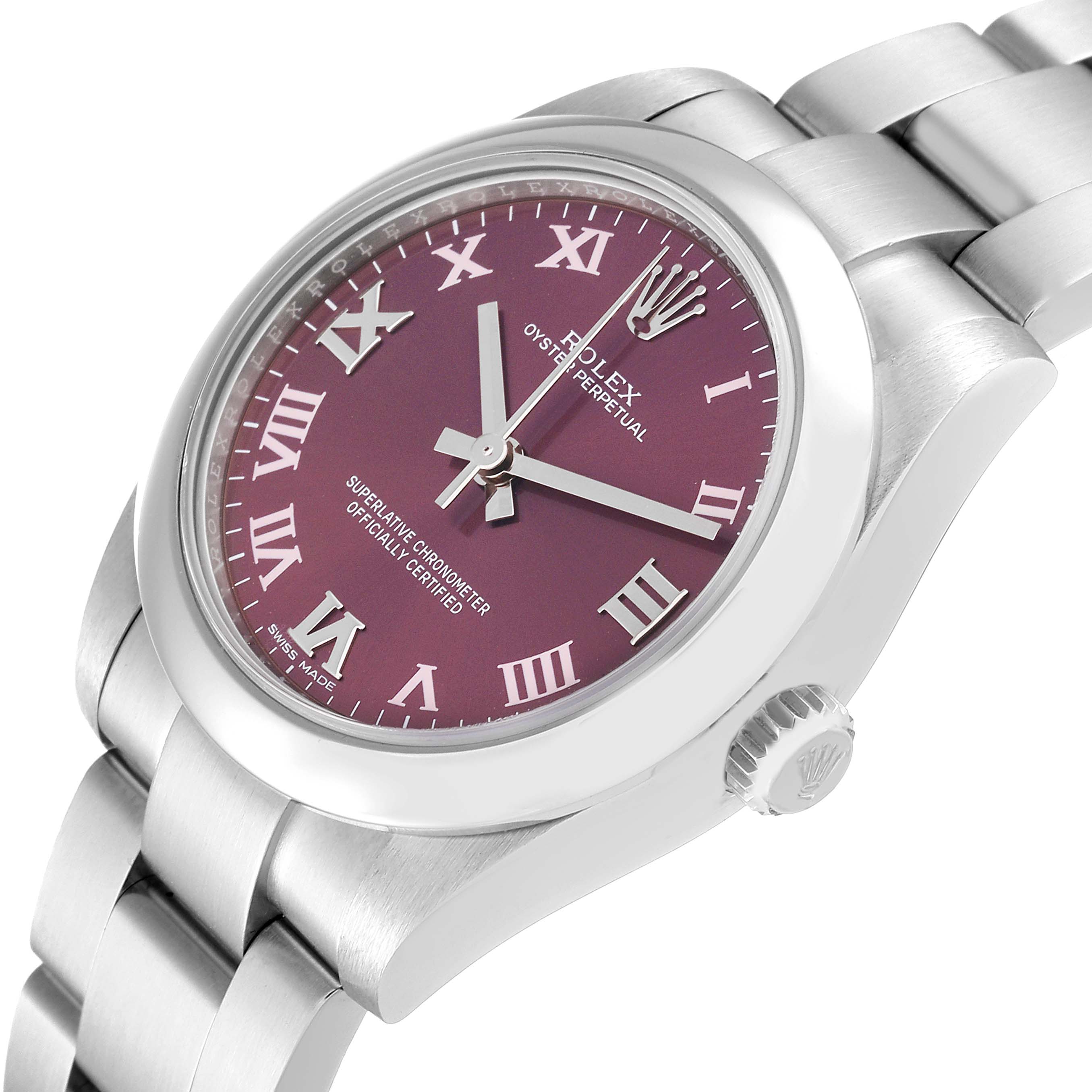 The Rolex Mid-Size 177200 Women's Stainless Steel Purple Dial 177200 Women's Stainless Steel Purple Dial watch is shown at an angle highlighting the face, bezel, crown, and part of the bracelet.