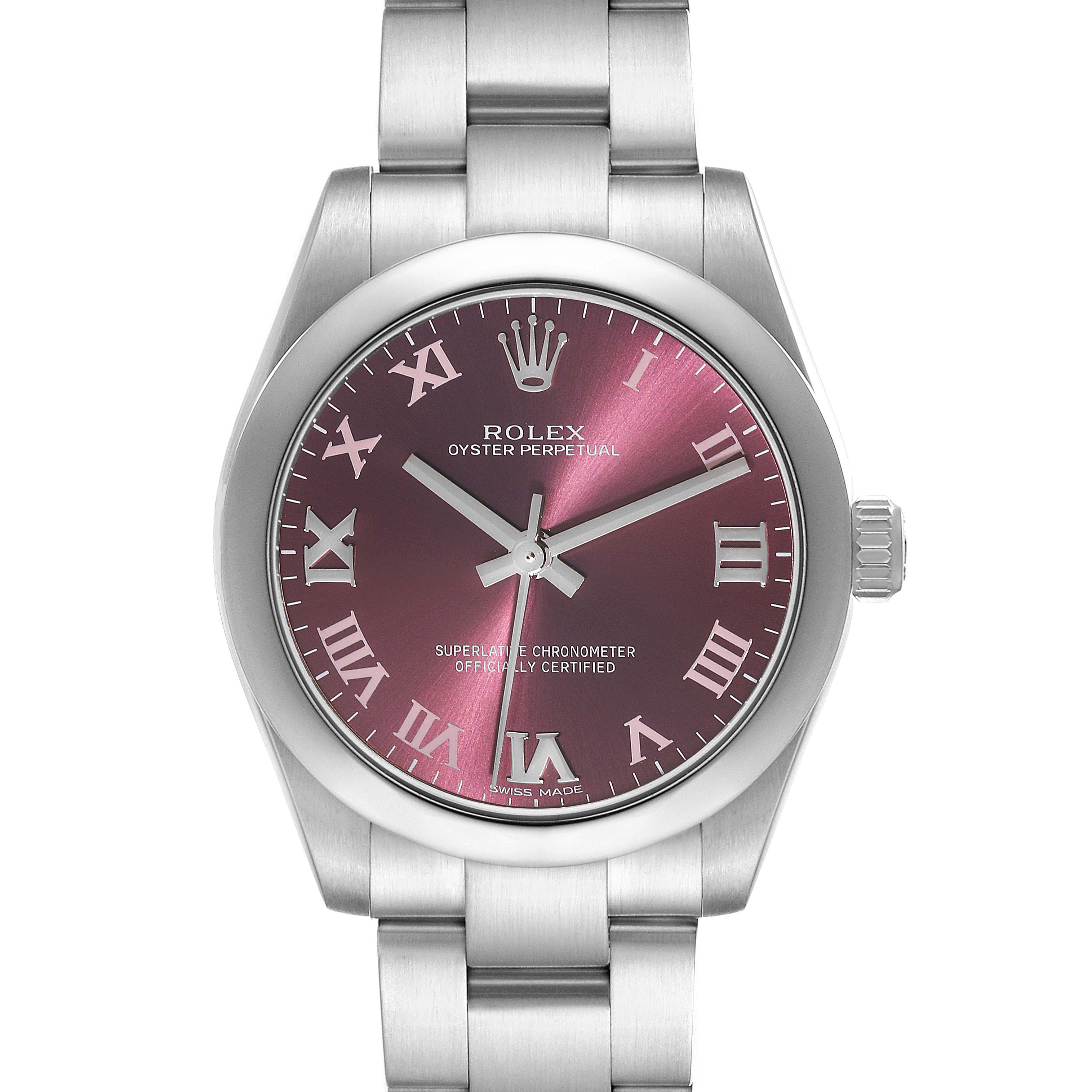 This image shows a front view of a Rolex Mid-Size 177200 Women's Stainless Steel Purple Dial 177200 Women's Stainless Steel Purple Dial Oyster Perpetual watch featuring a silver band and a burgundy dial with Roman numerals.
