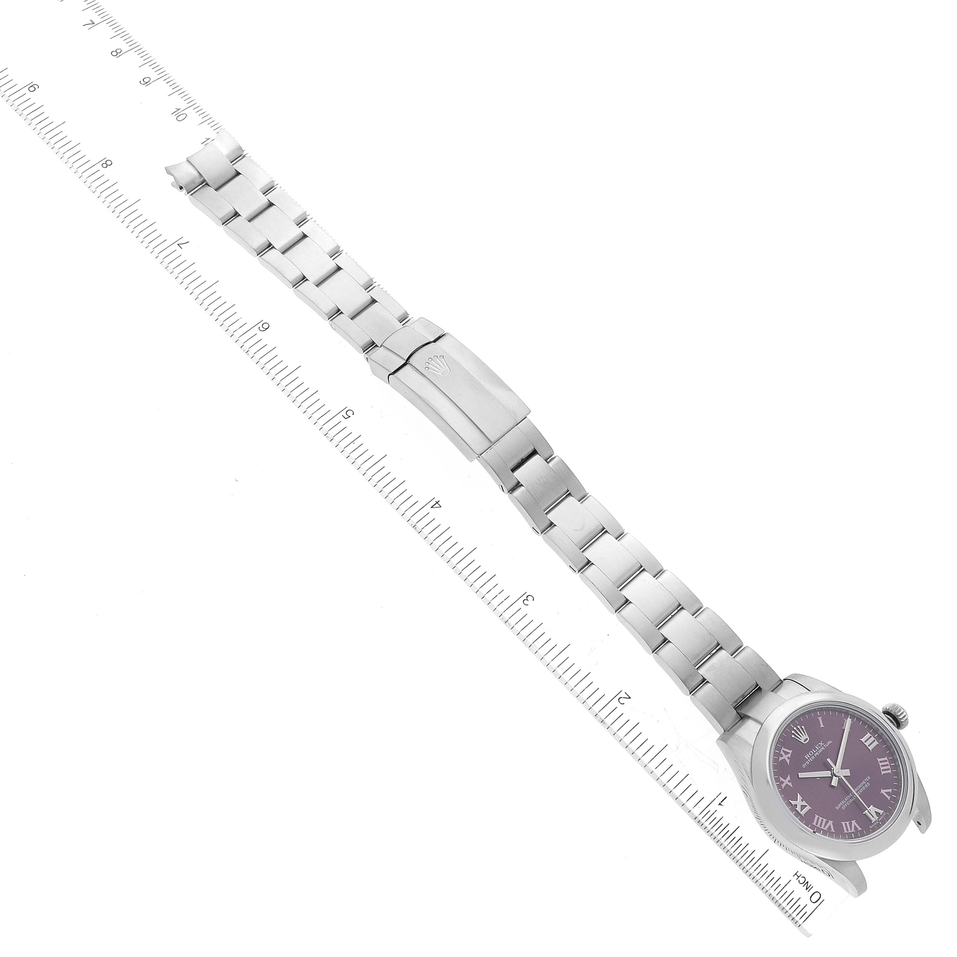 The image shows a Rolex Mid-Size 177200 Women's Stainless Steel Purple Dial 177200 Women's Stainless Steel Purple Dial watch angled diagonally with its face, bracelet, and clasp fully visible.