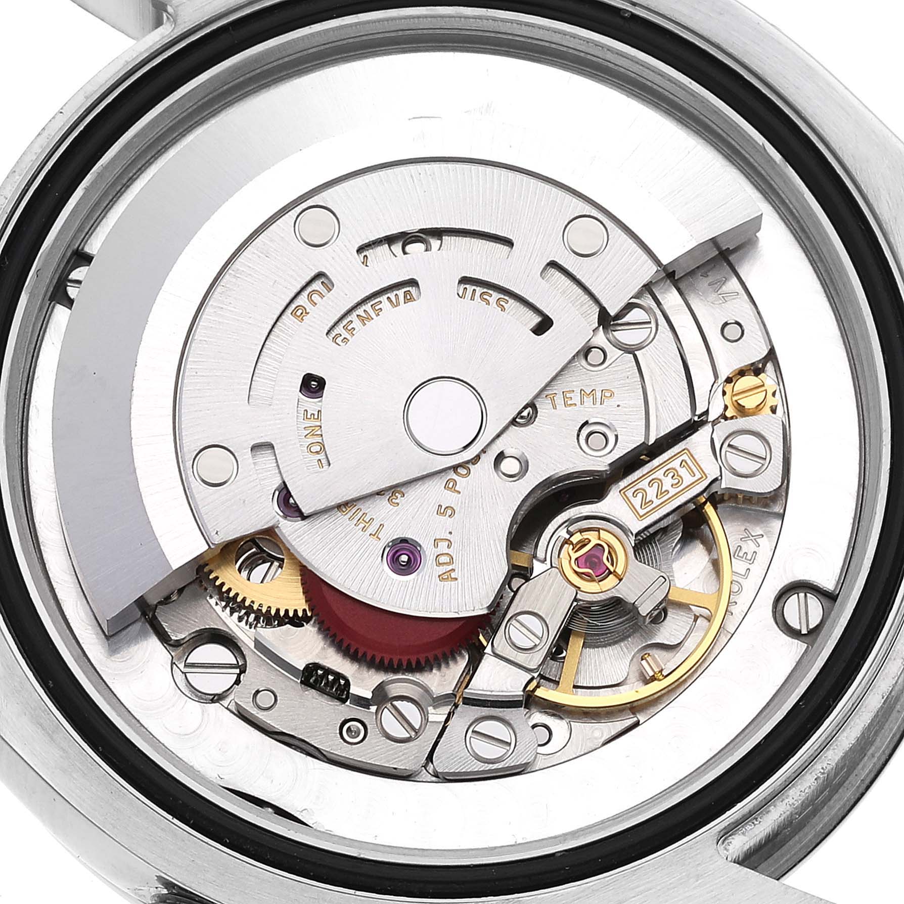 The image shows the intricate internal mechanism and movement parts of a Rolex Mid-Size 177200 Women's Stainless Steel Purple Dial 177200 Women's Stainless Steel Purple Dial watch model.