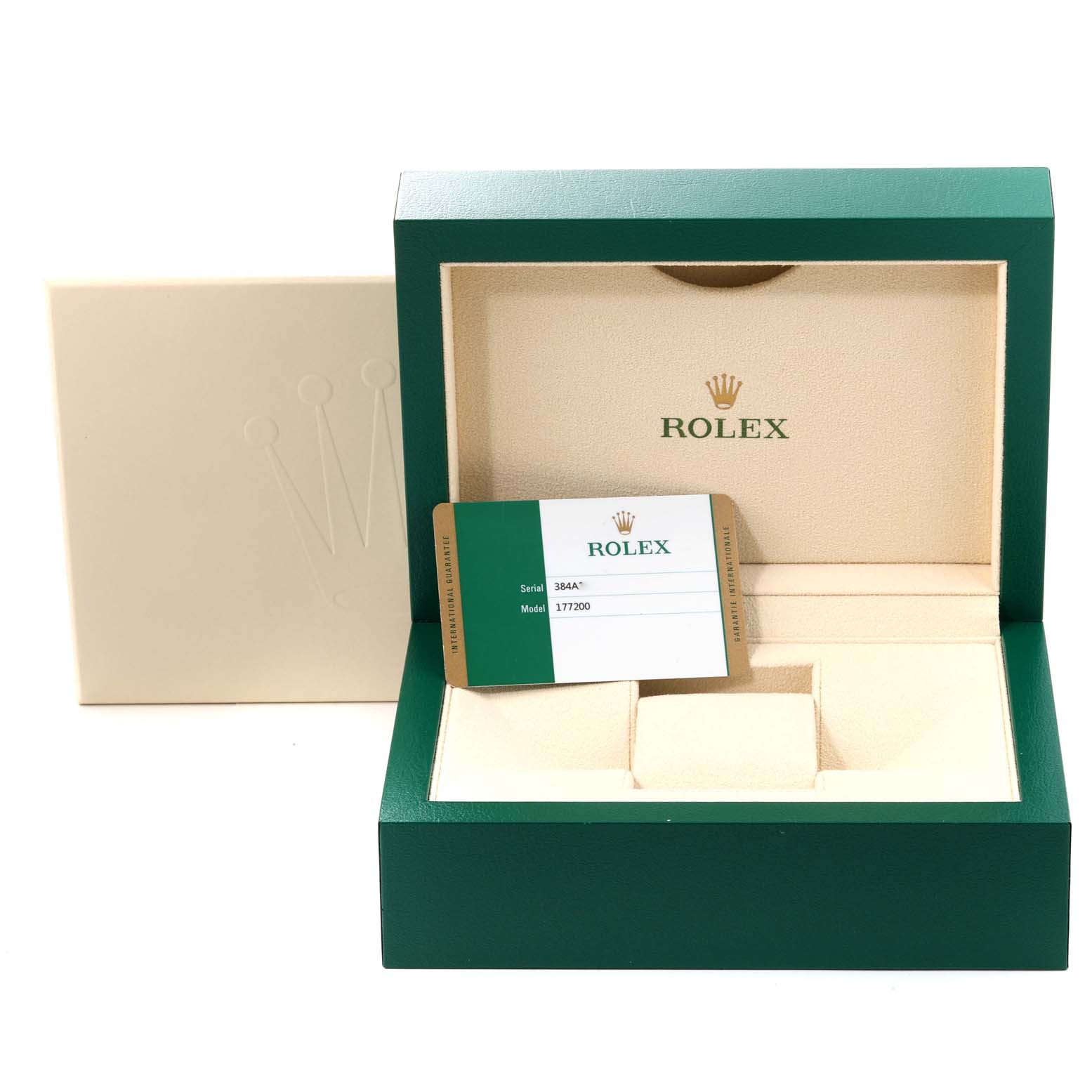 The image shows the open box and card for a mid-size Rolex watch, Model 177200.