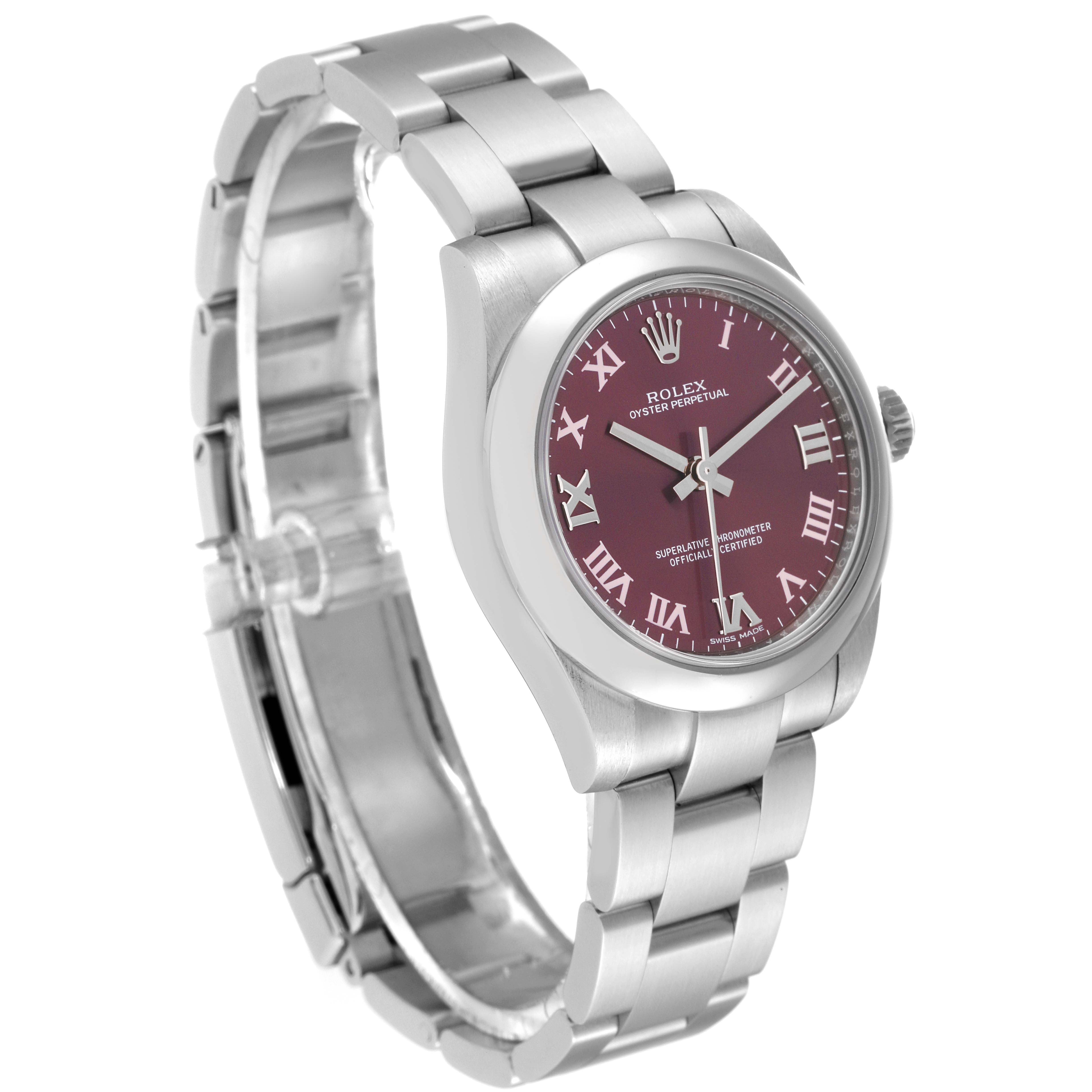 The image shows a Rolex Mid-Size 177200 Women's Stainless Steel Purple Dial 177200 Women's Stainless Steel Purple Dial Oyster Perpetual watch from an angled side view, displaying its dial, bezel, and bracelet.