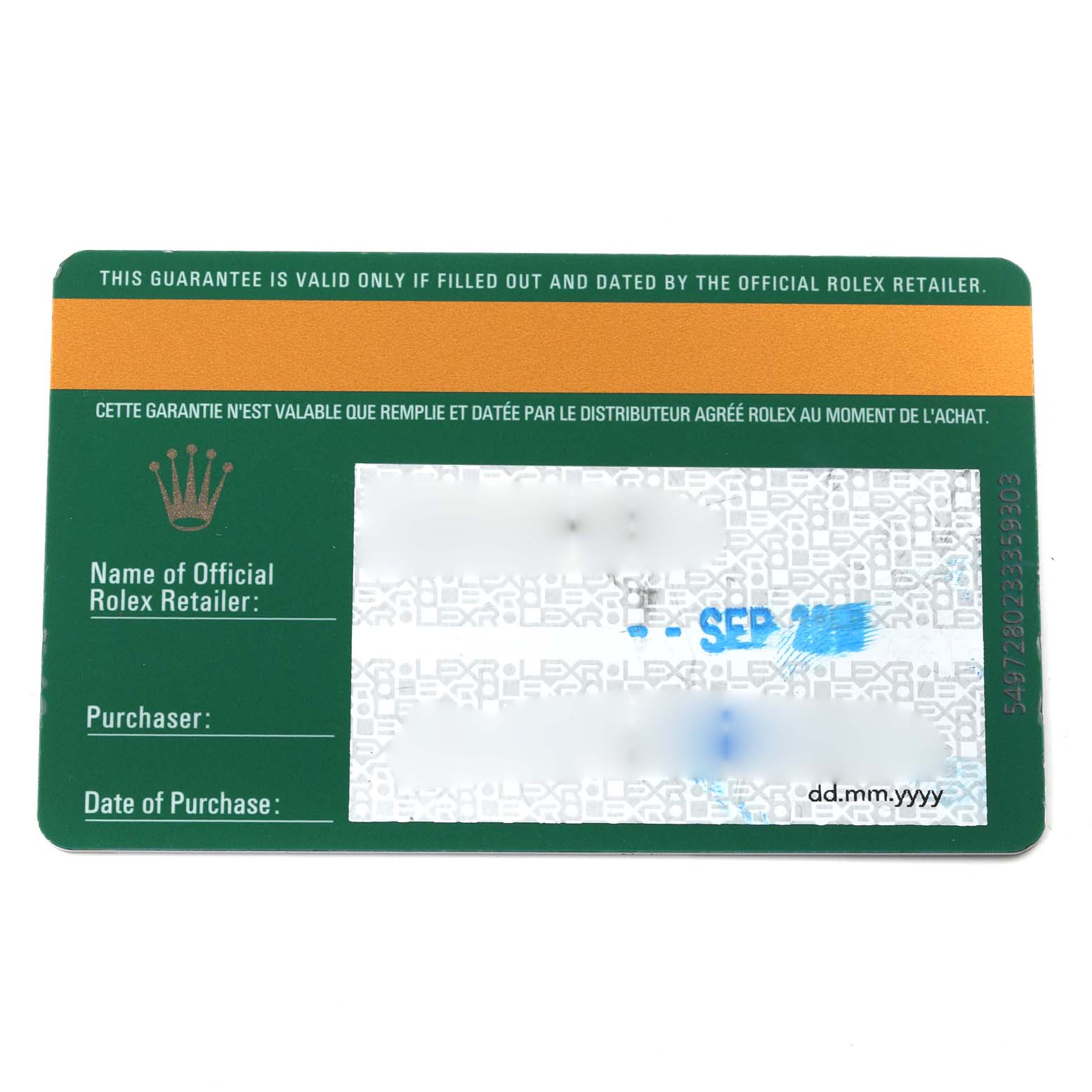 The image shows the guarantee card for a Mid-Size Rolex watch, viewed from the front.