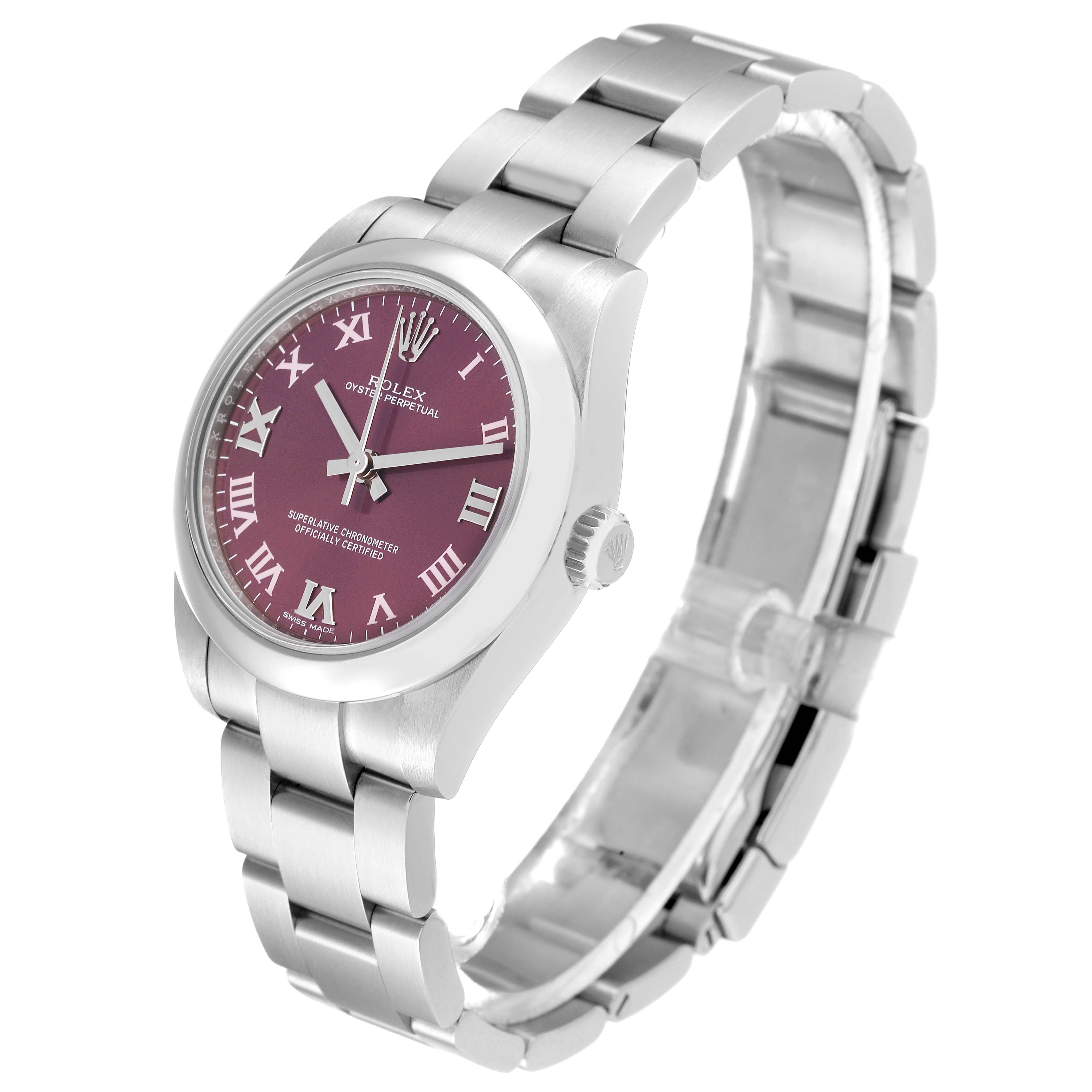 This image shows a side angle of a Rolex Mid-Size 177200 Women's Stainless Steel Purple Dial 177200 Women's Stainless Steel Purple Dial Oyster Perpetual watch with its face and bracelet visible.
