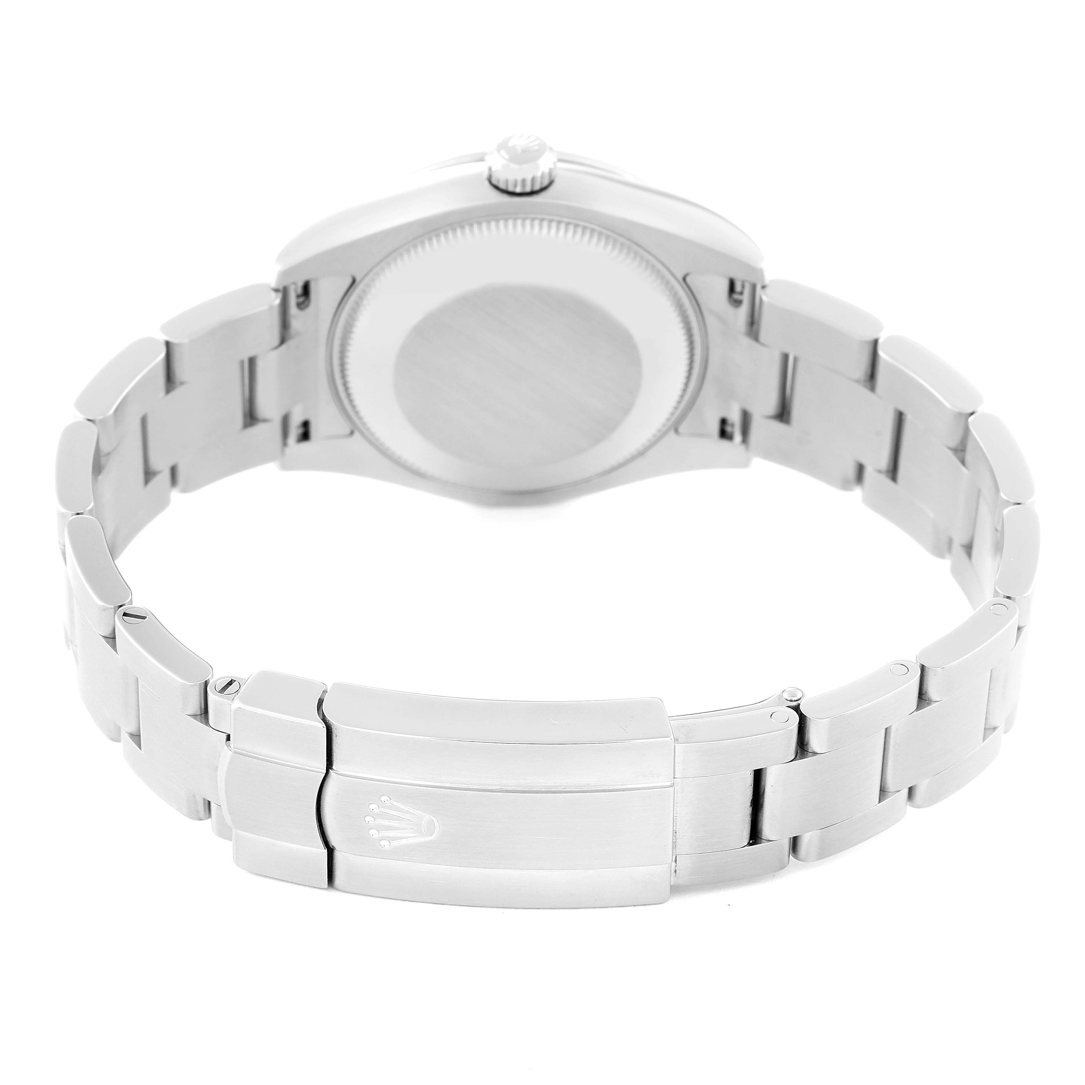 The photo shows the back and clasp of a Mid-Size Rolex watch, displaying its bracelet and case back.