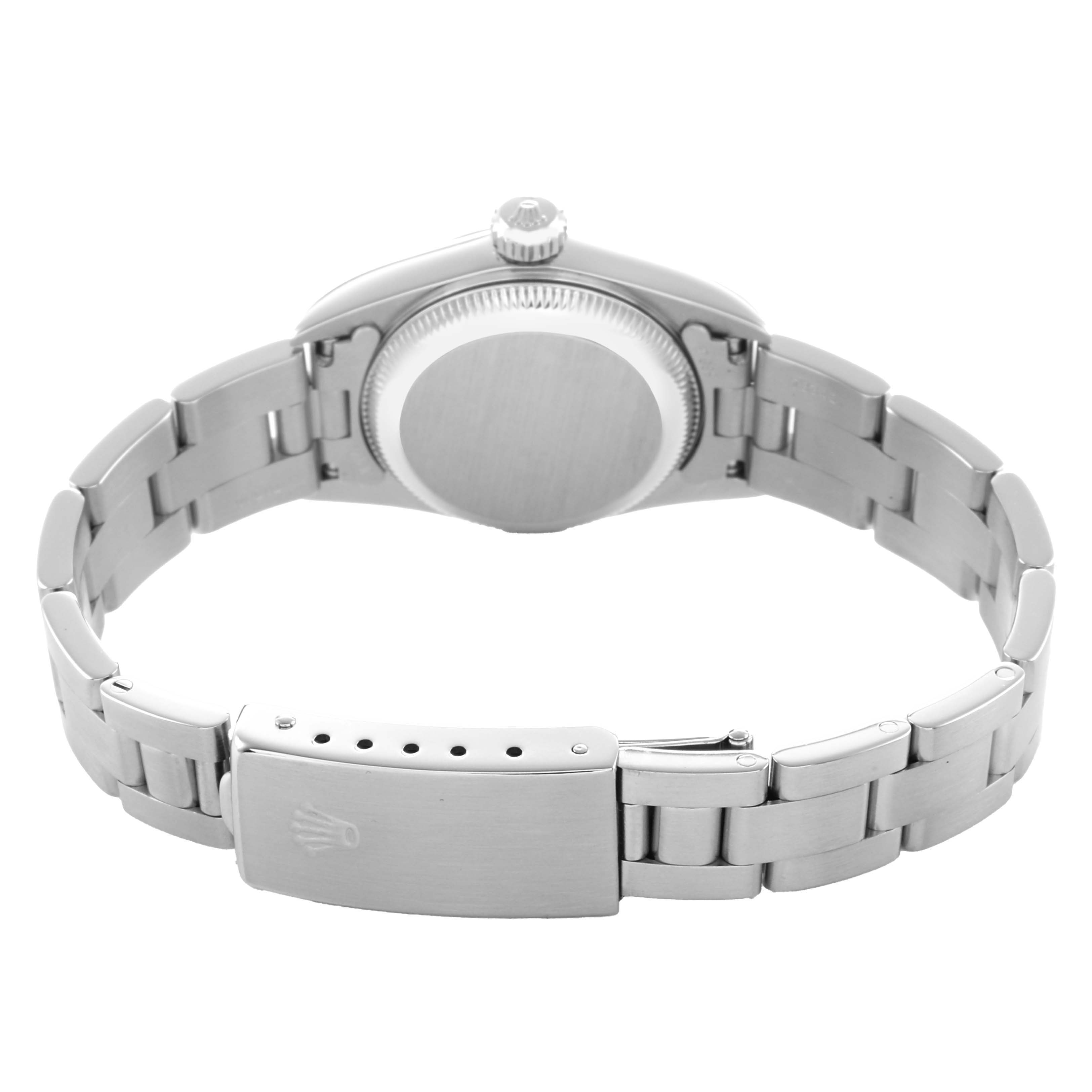 The image shows the back view of a Rolex Oyster Perpetual 67180 Women's Stainless Steel Pink Dial, highlighting the clasp and bracelet links.